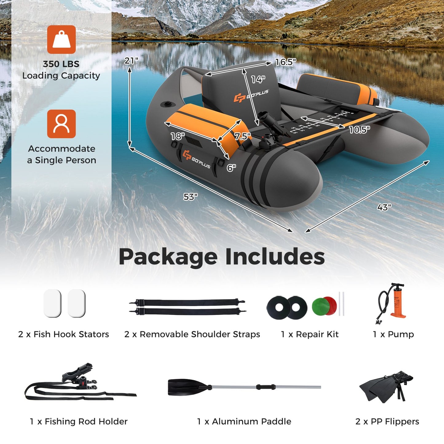 Inflatable Fishing Float Tube with Fish Ruler and Pump Storage Pockets-Gray Kids Crystal