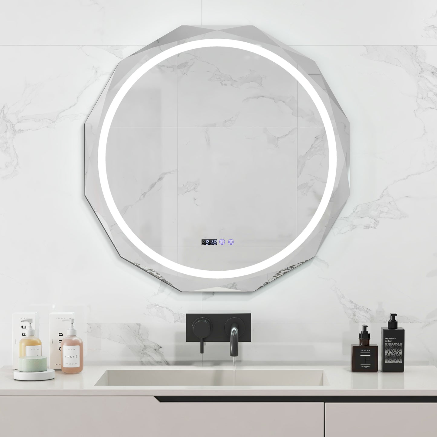 Defogging LED Bathroom Mirror with Stepless 3 Colors Temperature Kids Crystal