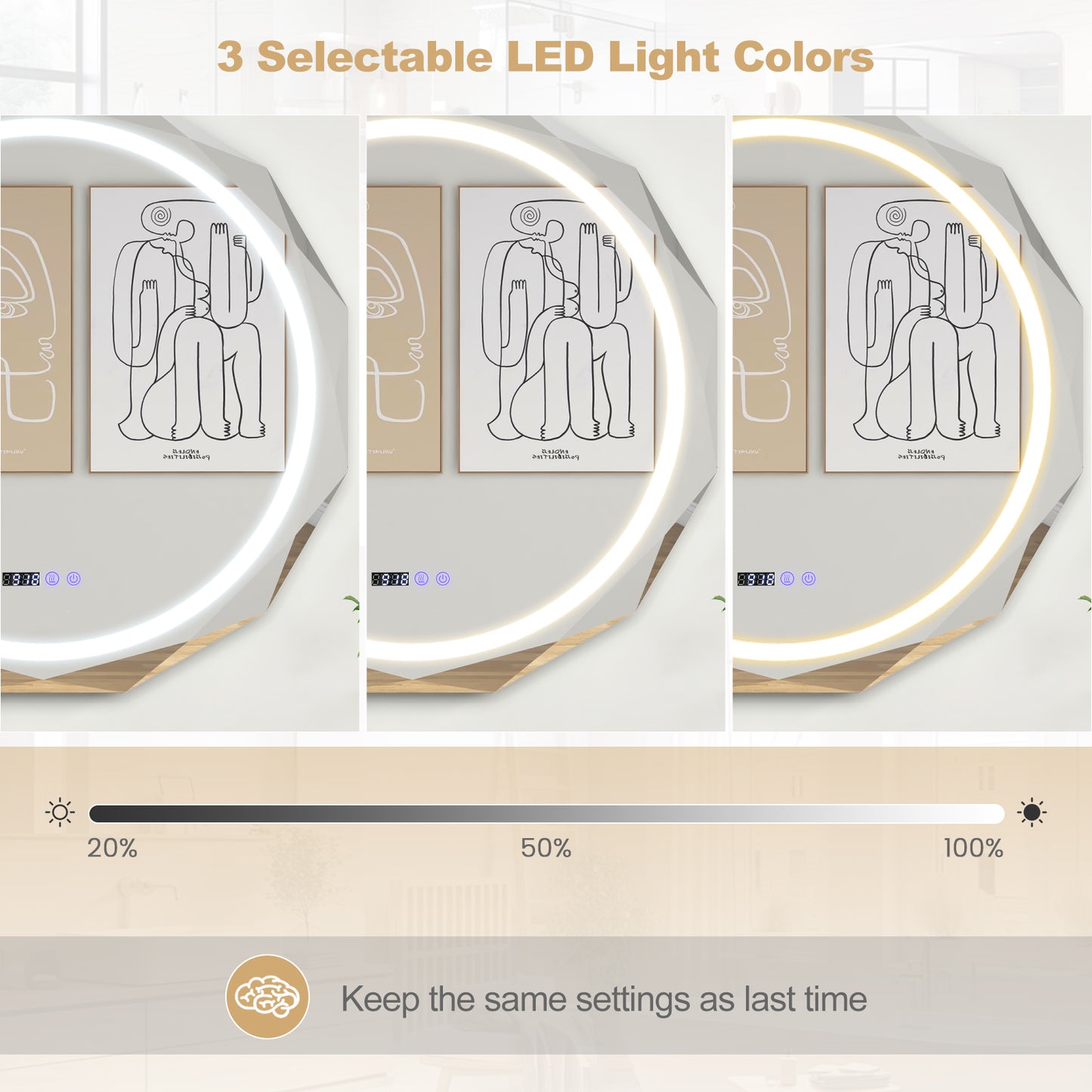 Defogging LED Bathroom Mirror with Stepless 3 Colors Temperature Kids Crystal