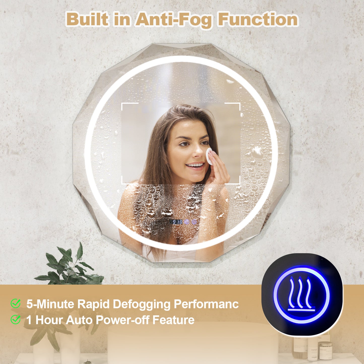 Defogging LED Bathroom Mirror with Stepless 3 Colors Temperature Kids Crystal