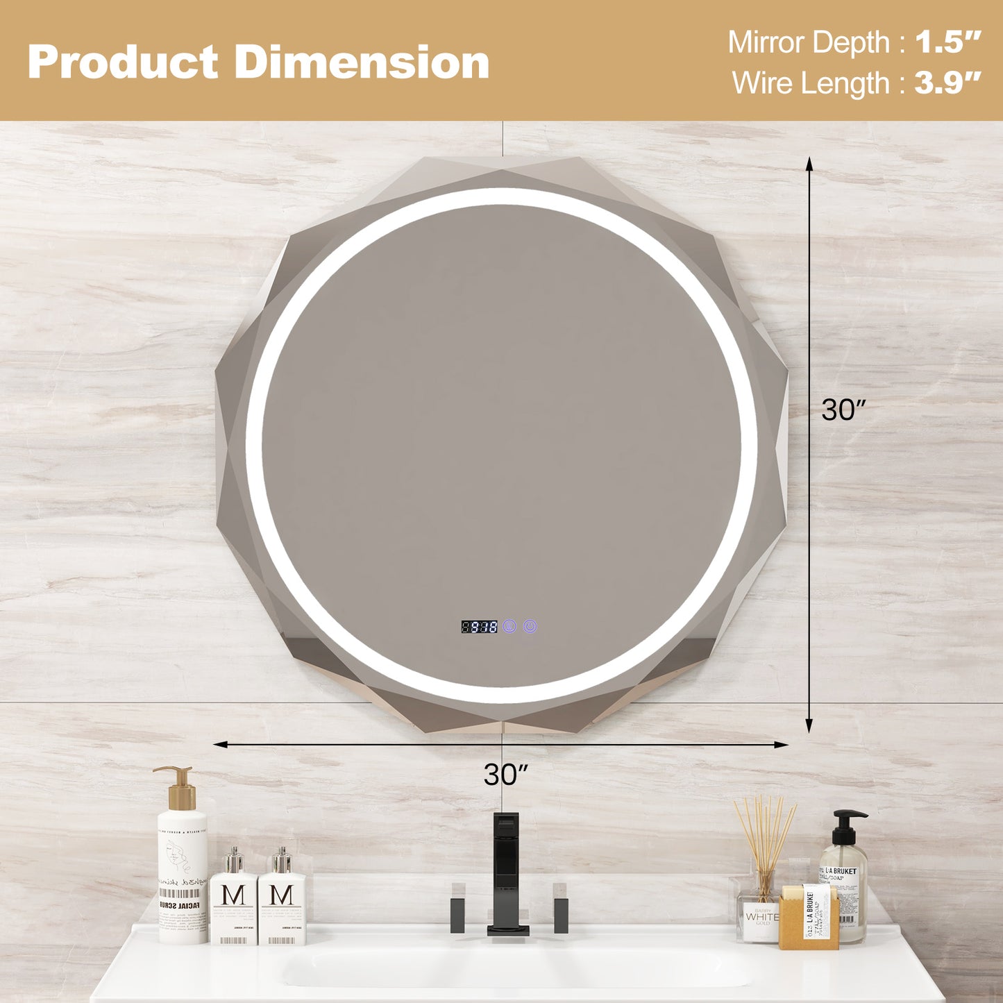 Defogging LED Bathroom Mirror with Stepless 3 Colors Temperature Kids Crystal