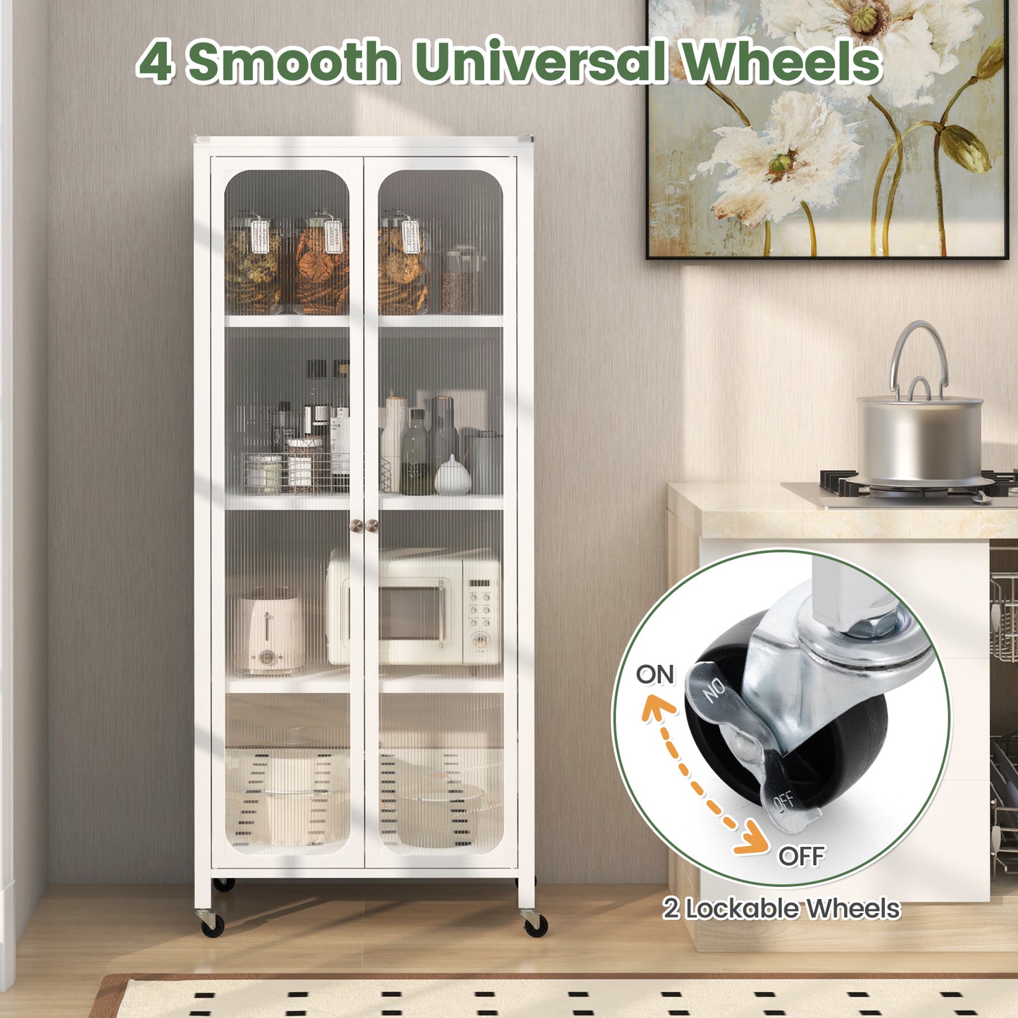 Glass Doors Storage Cabinet with Wheels and Adjustable Shelves-White Kids Crystal