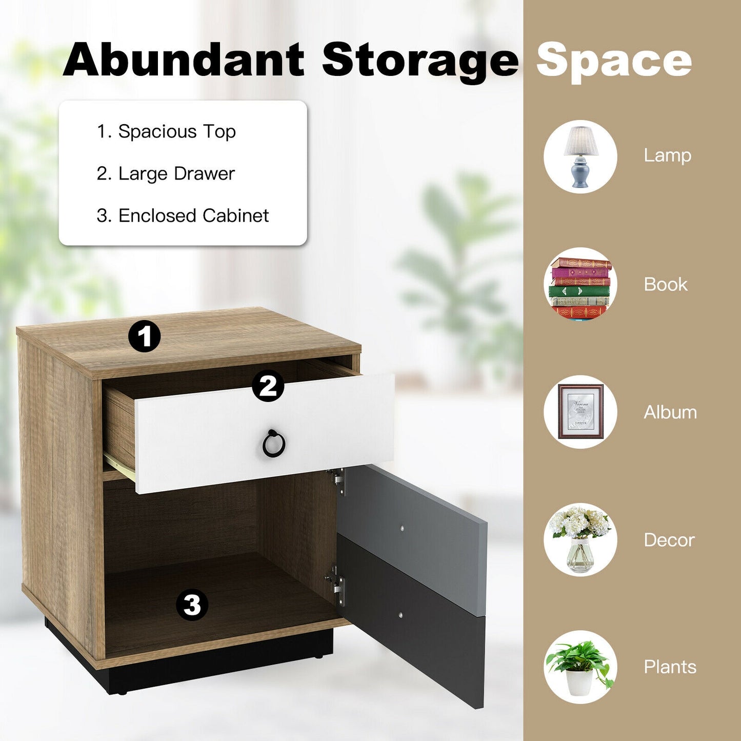 Nightstand with Drawer and Storage Cabinet Wooden Sofa Side Table End Table Kids Crystal