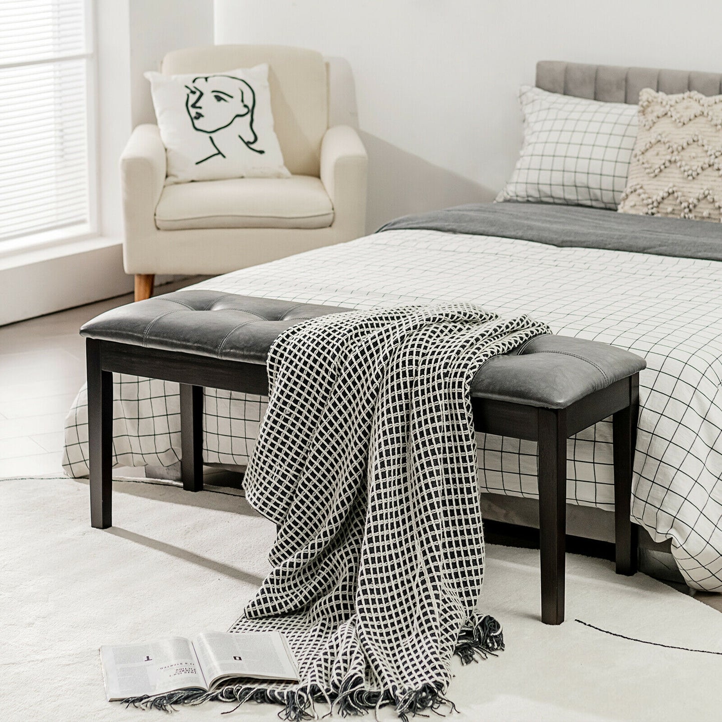 Upholstered Dining Room PU Bench Solid Wood Button Tufted-Gray Kids Crystal