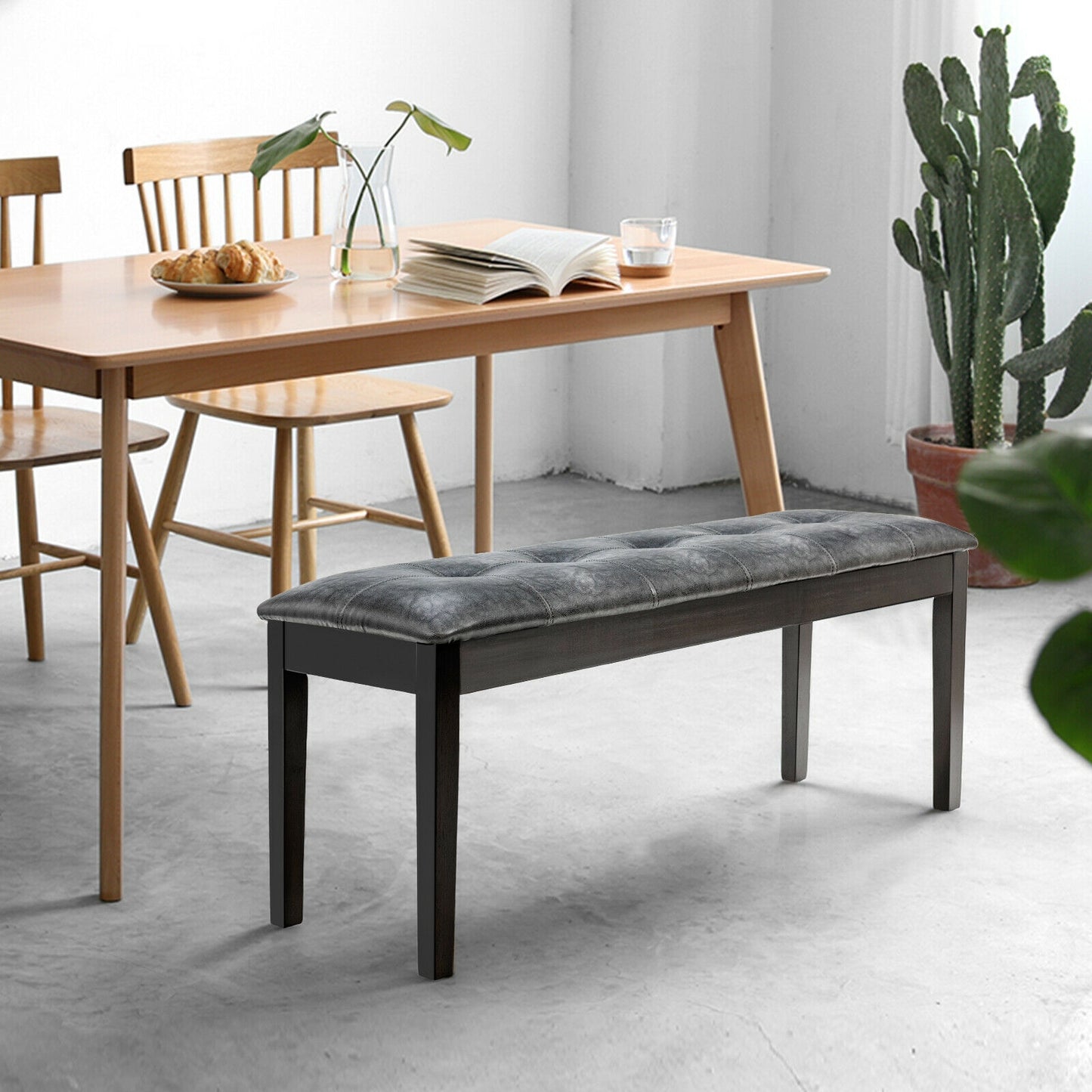 Upholstered Dining Room PU Bench Solid Wood Button Tufted-Gray Kids Crystal