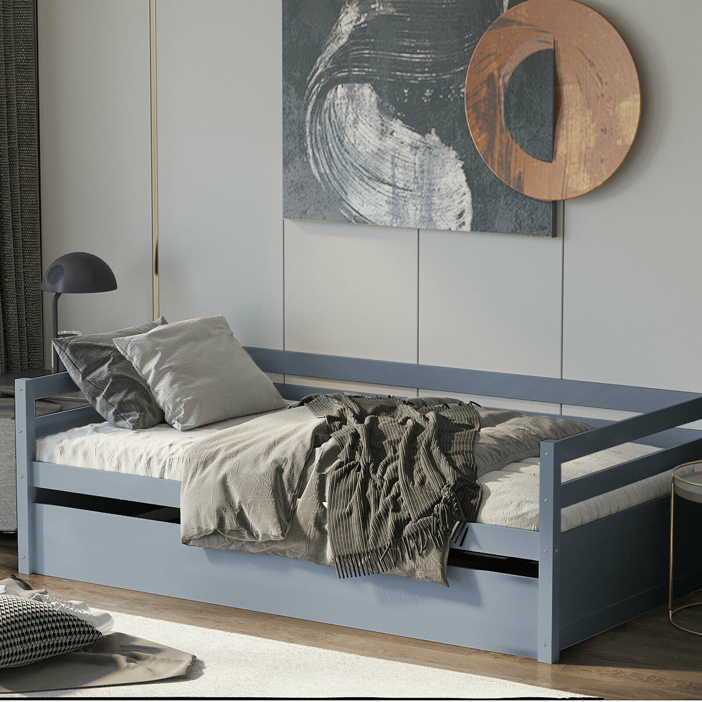 Twin Size Trundle Platform Bed Frame with Wooden Slat Support-Gray Kids Crystal