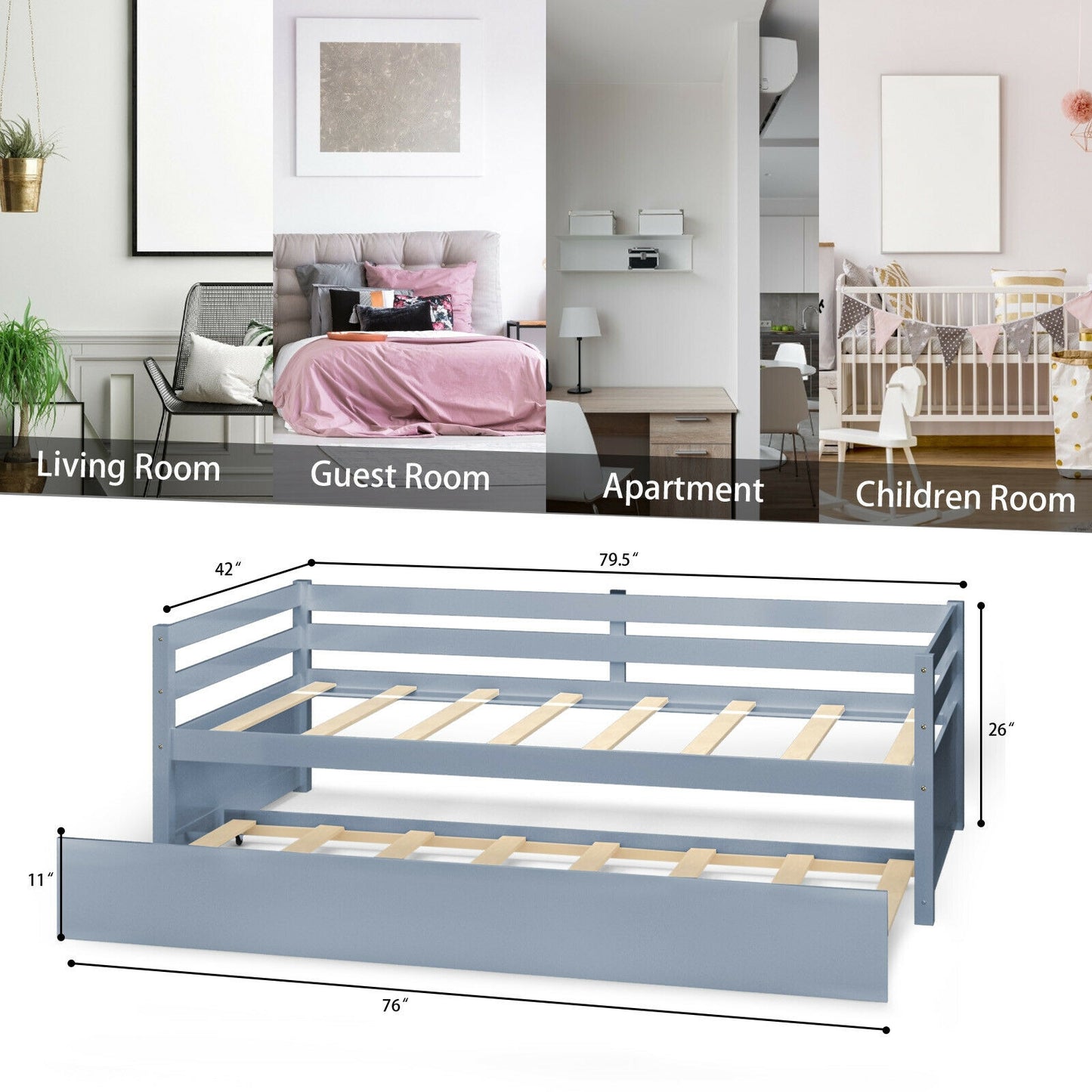 Twin Size Trundle Platform Bed Frame with Wooden Slat Support-Gray Kids Crystal