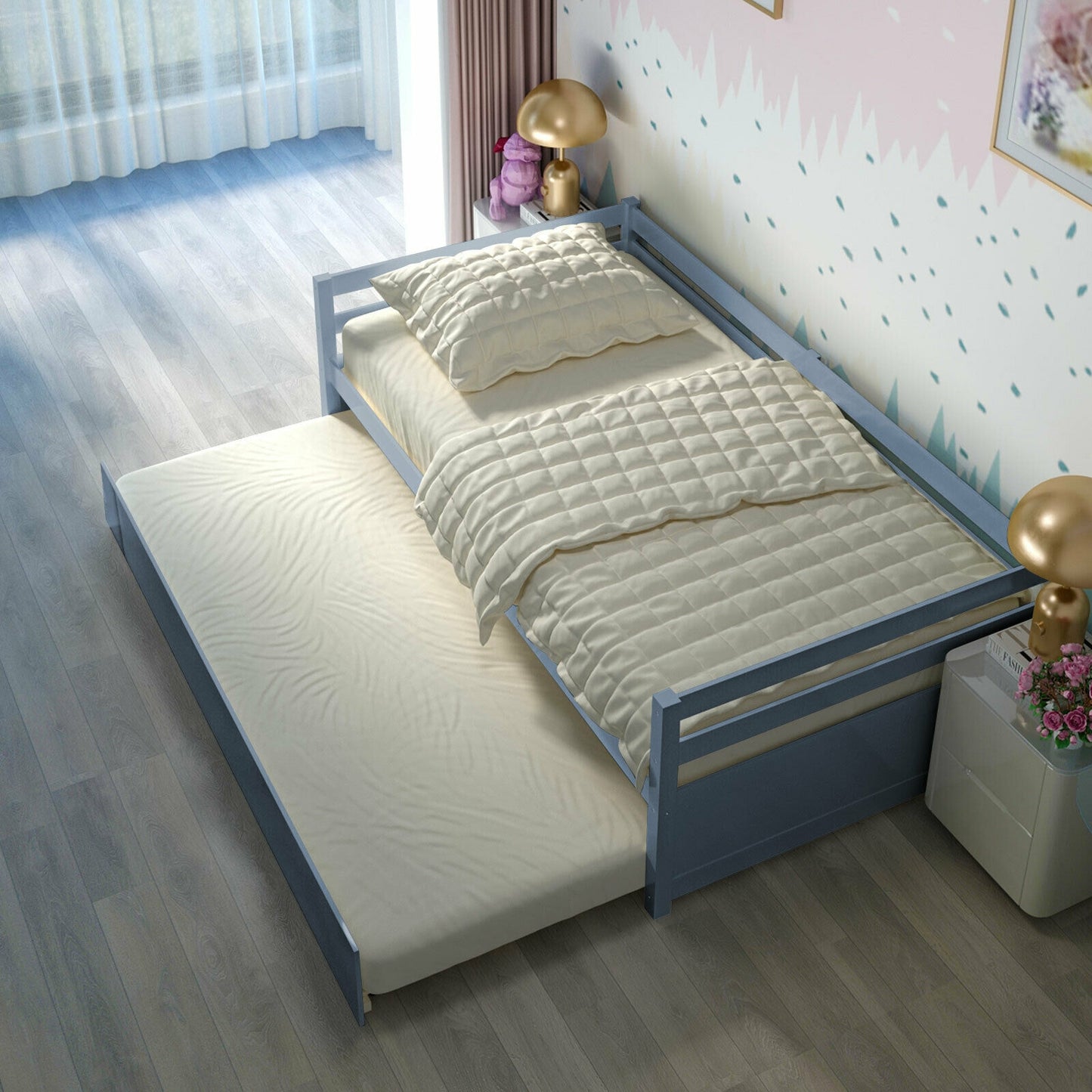 Twin Size Trundle Platform Bed Frame with Wooden Slat Support-Gray Kids Crystal