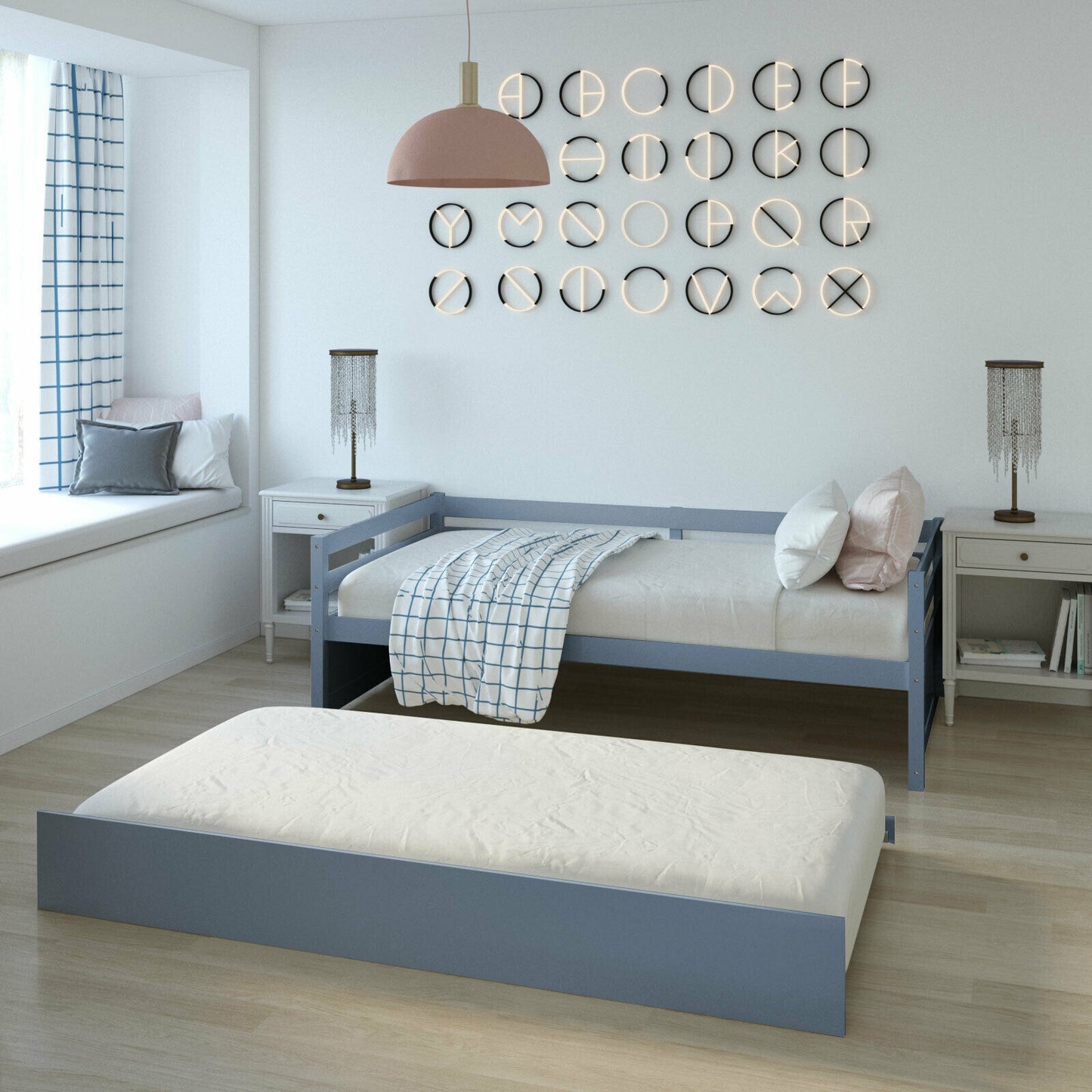 Twin Size Trundle Platform Bed Frame with Wooden Slat Support-Gray Kids Crystal