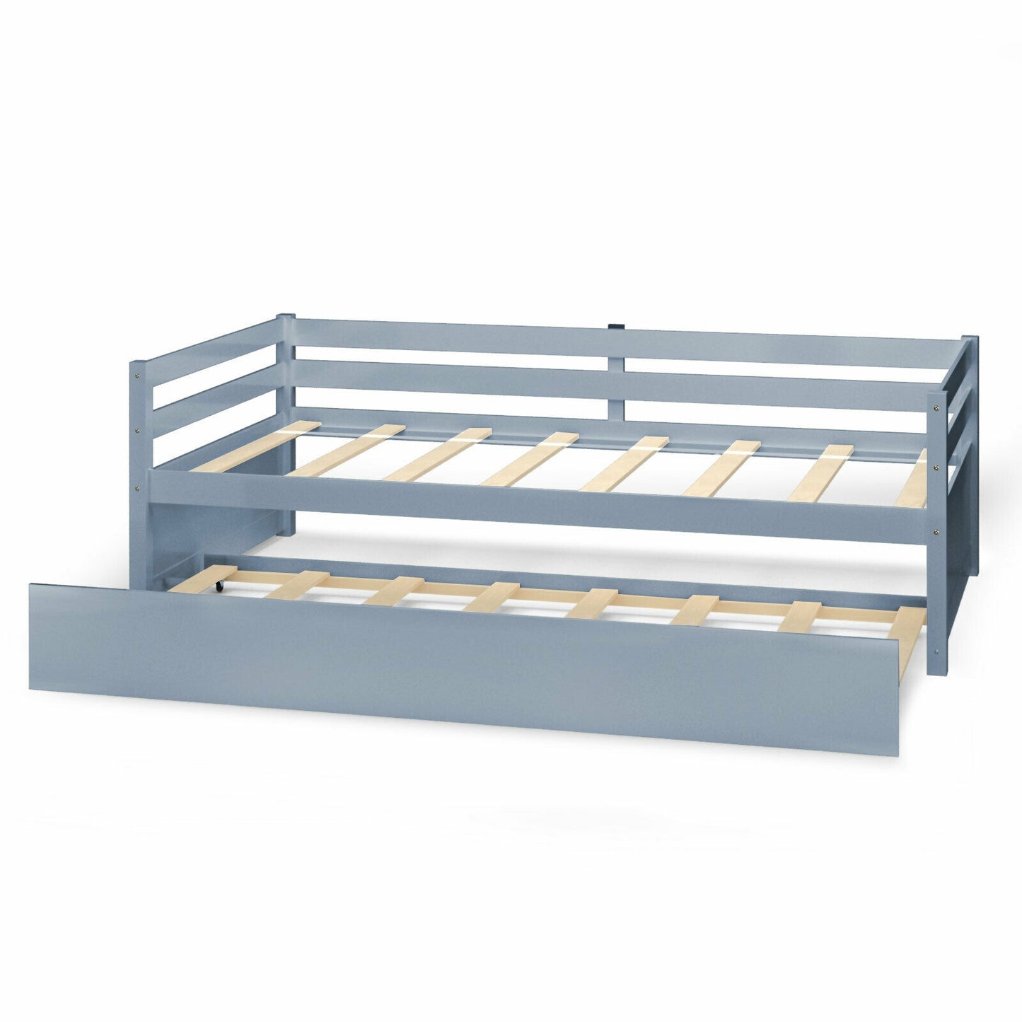 Twin Size Trundle Platform Bed Frame with Wooden Slat Support-Gray Kids Crystal