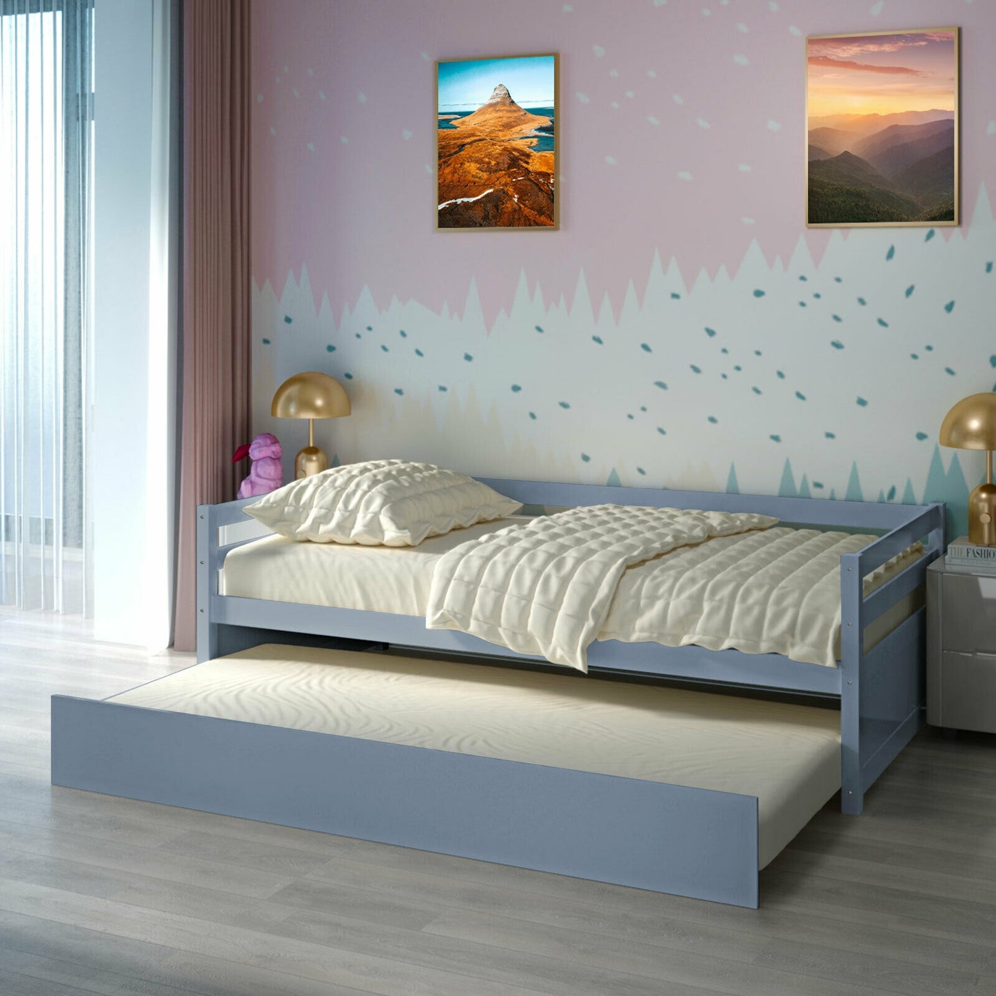 Twin Size Trundle Platform Bed Frame with Wooden Slat Support-Gray Kids Crystal