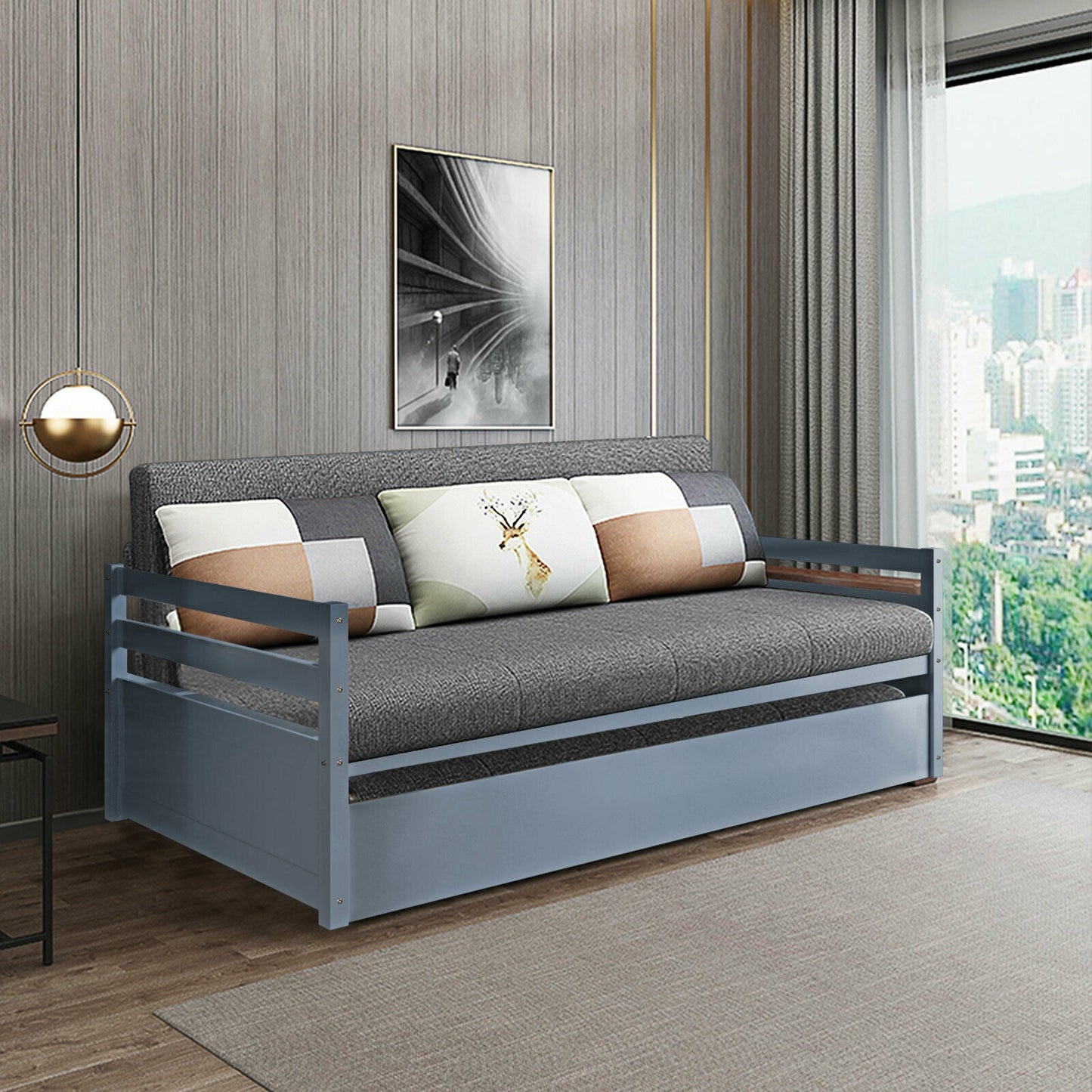 Twin Size Trundle Platform Bed Frame with Wooden Slat Support-Gray Kids Crystal