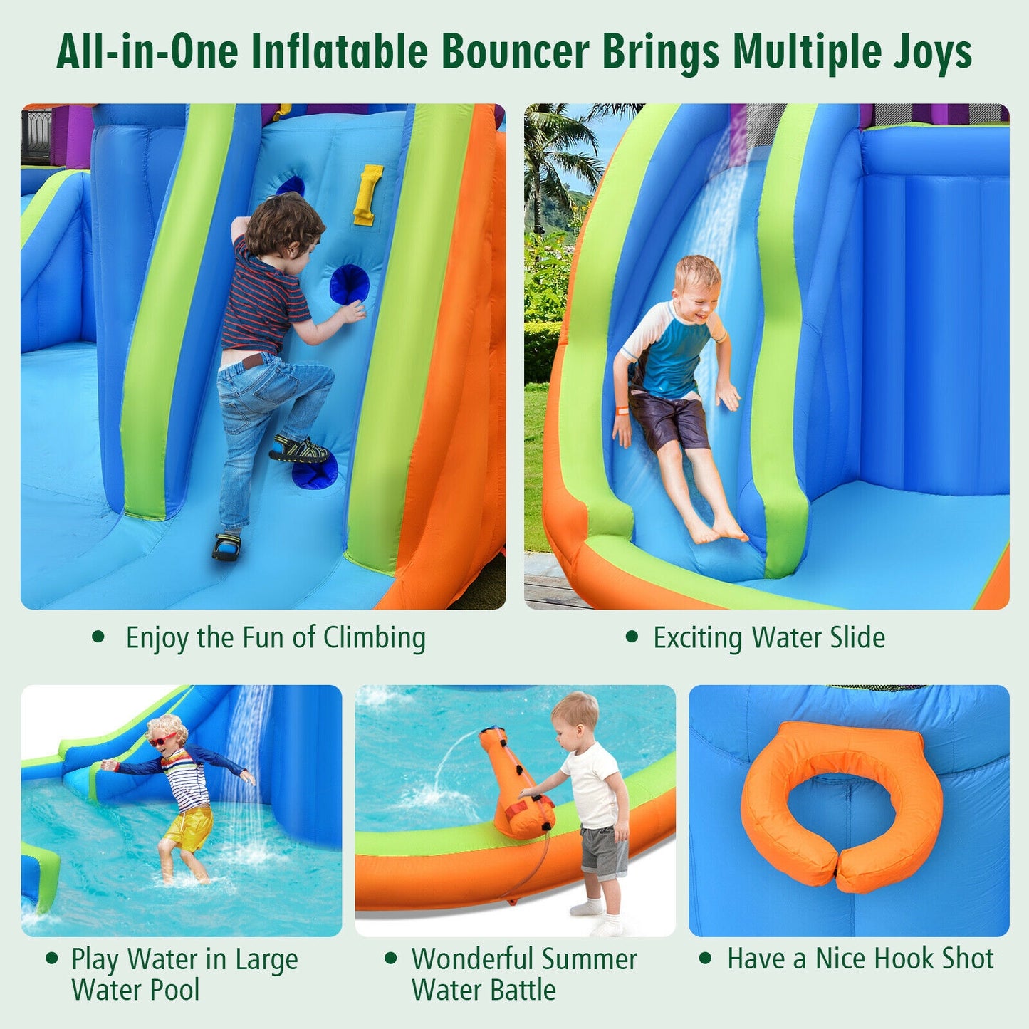 6-in-1 Inflatable Dual Water Slide Bounce House Without Blower Kids Crystal