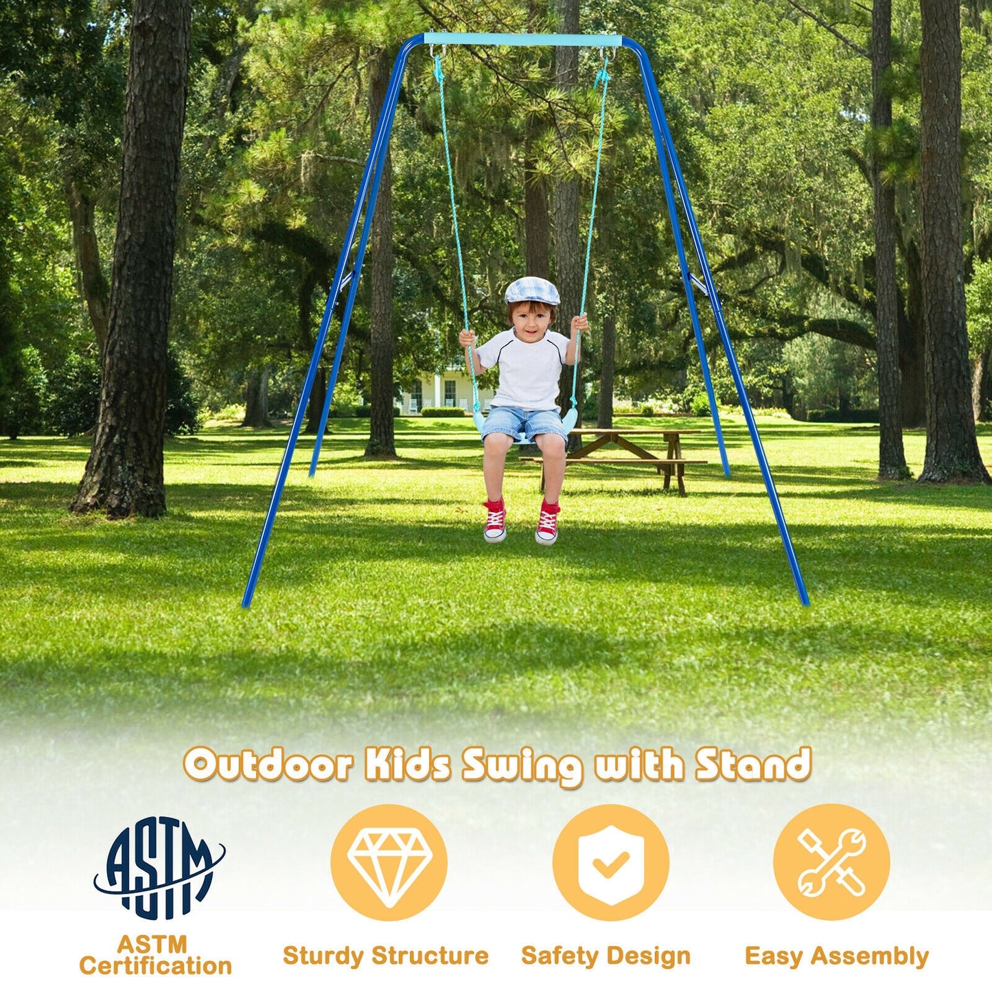 Outdoor Kids Swing Set with Heavy-Duty Metal A-Frame and Ground Stakes-Blue Kids Crystal