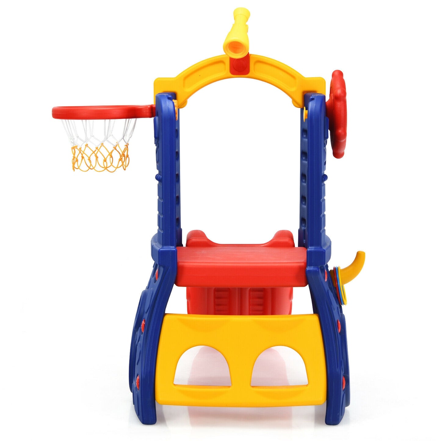 6-in-1 Freestanding Kids Slide with Basketball Hoop and Ring Toss Kids Crystal