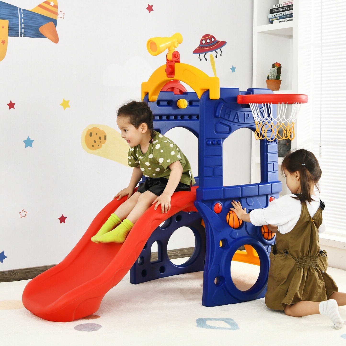 6-in-1 Freestanding Kids Slide with Basketball Hoop and Ring Toss Kids Crystal