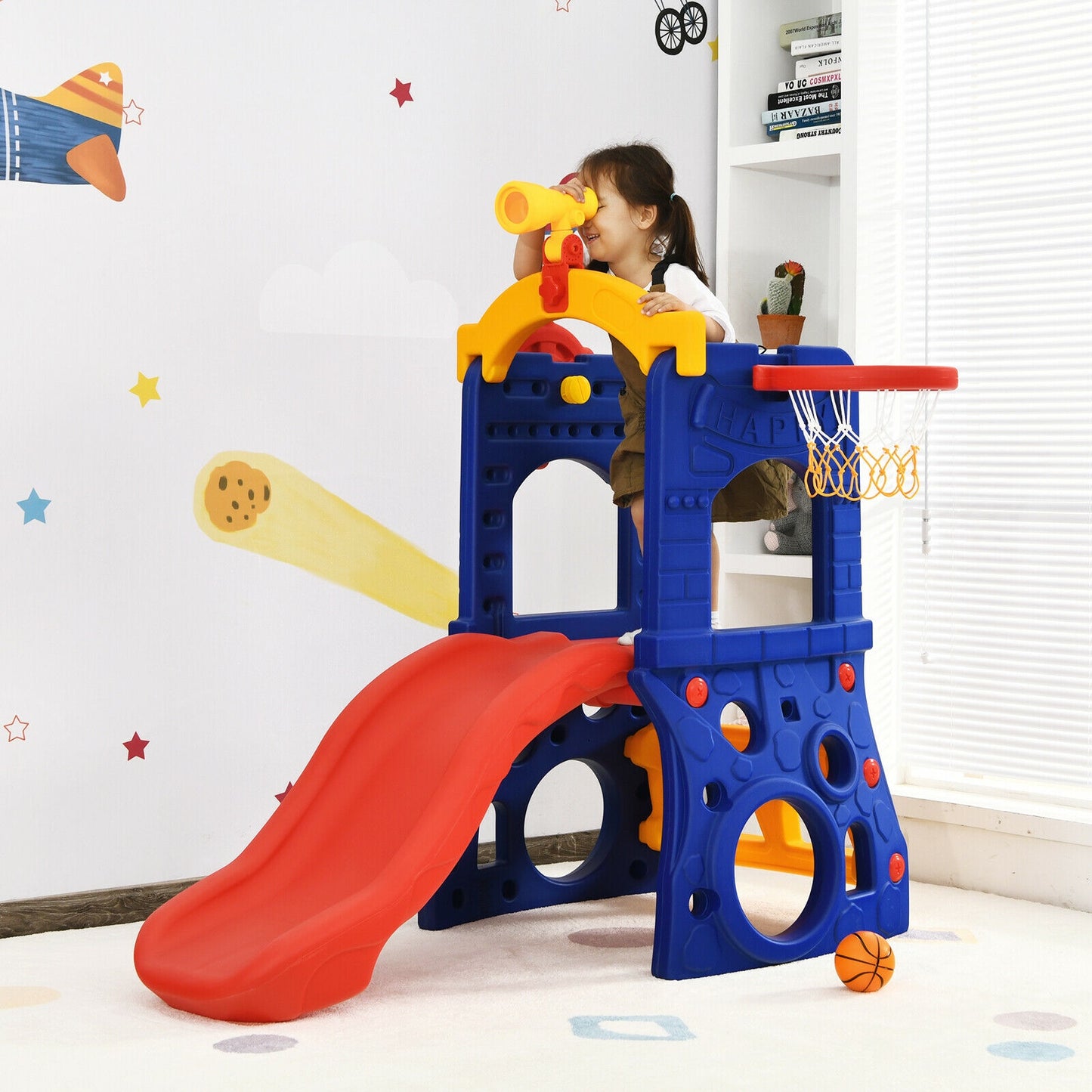6-in-1 Freestanding Kids Slide with Basketball Hoop and Ring Toss Kids Crystal