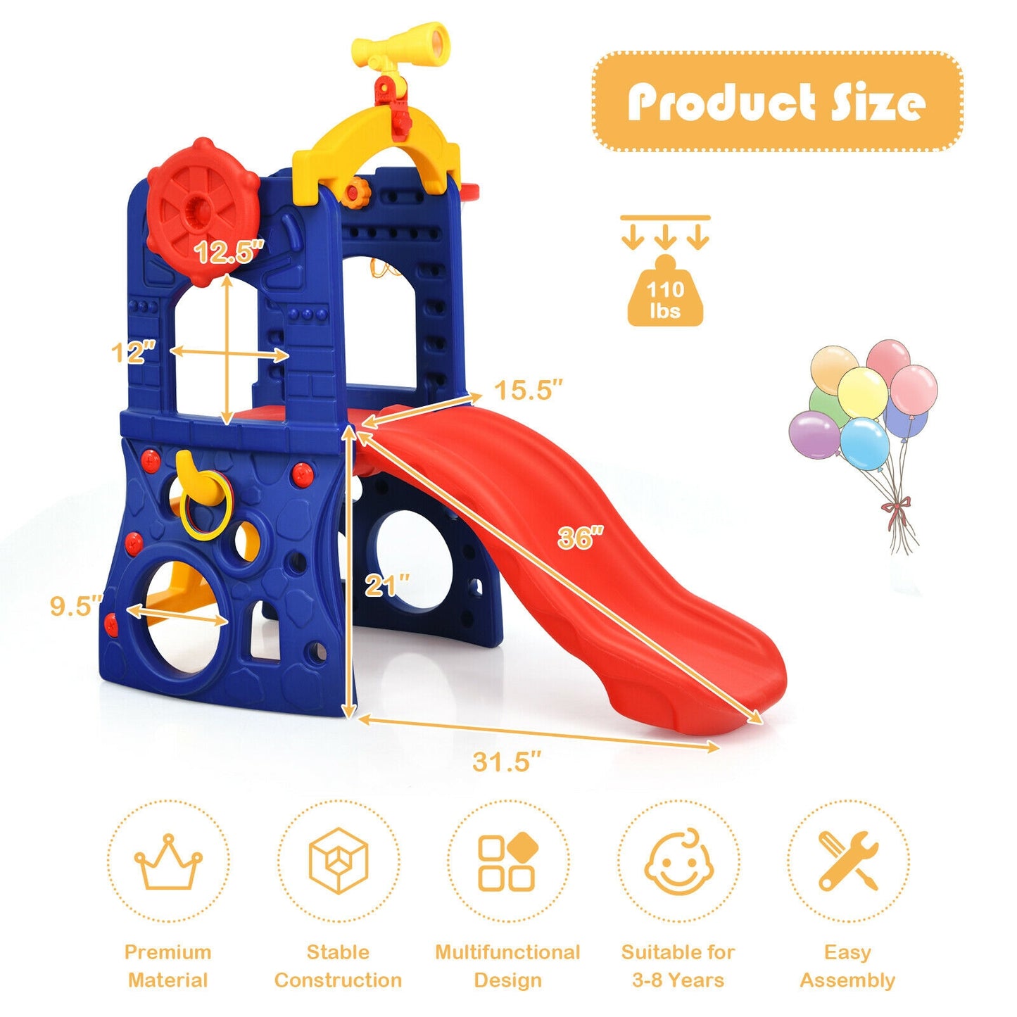 6-in-1 Freestanding Kids Slide with Basketball Hoop and Ring Toss Kids Crystal