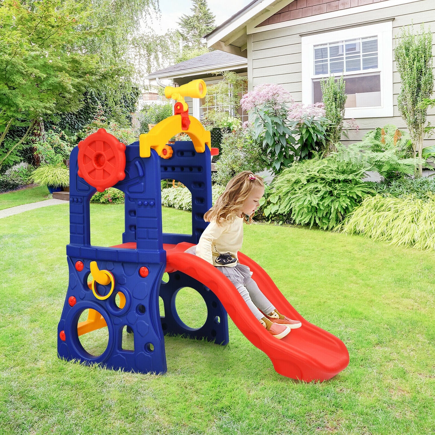 6-in-1 Freestanding Kids Slide with Basketball Hoop and Ring Toss Kids Crystal