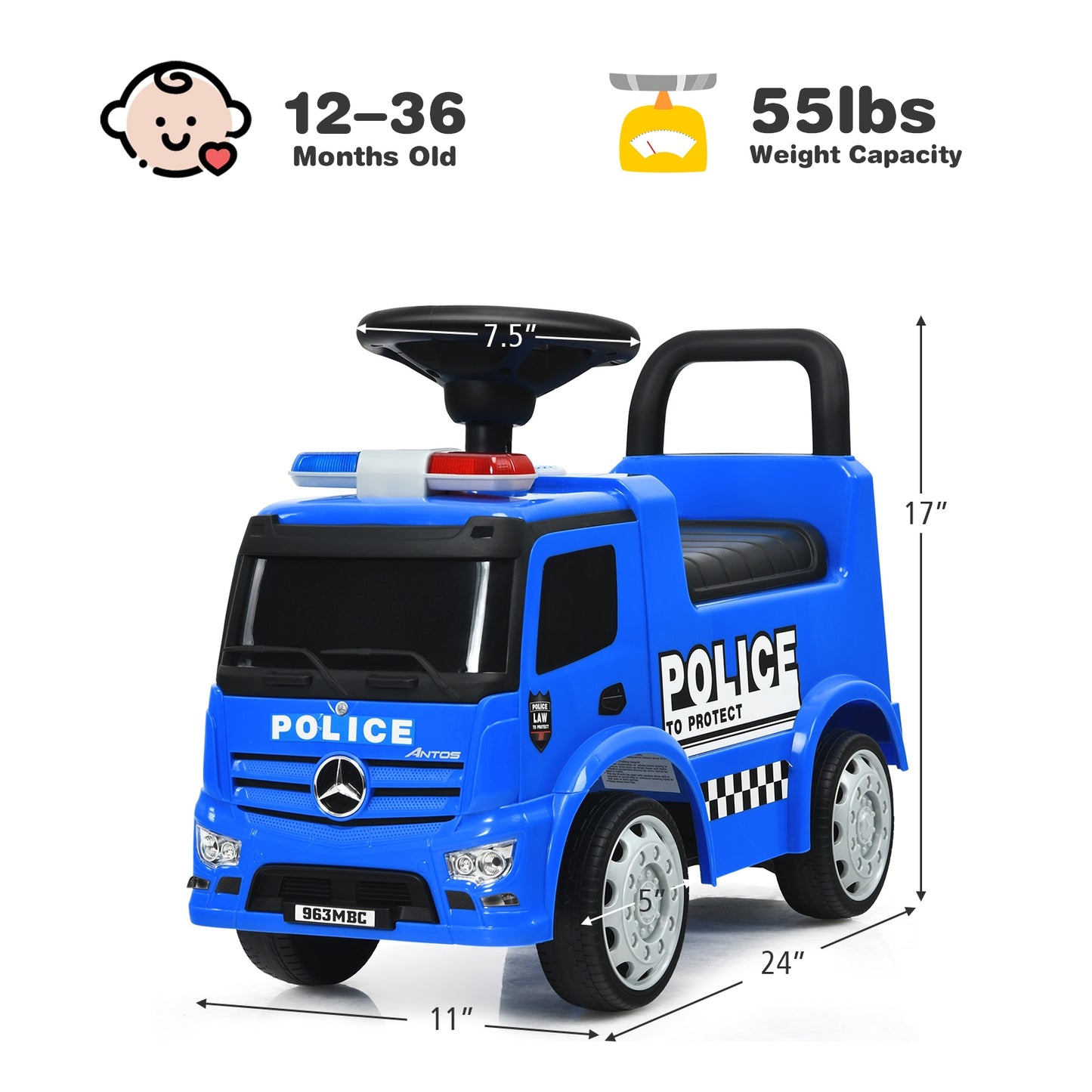 Mercedes Benz Kids Ride On Push Licensed Police Car-Blue Kids Crystal