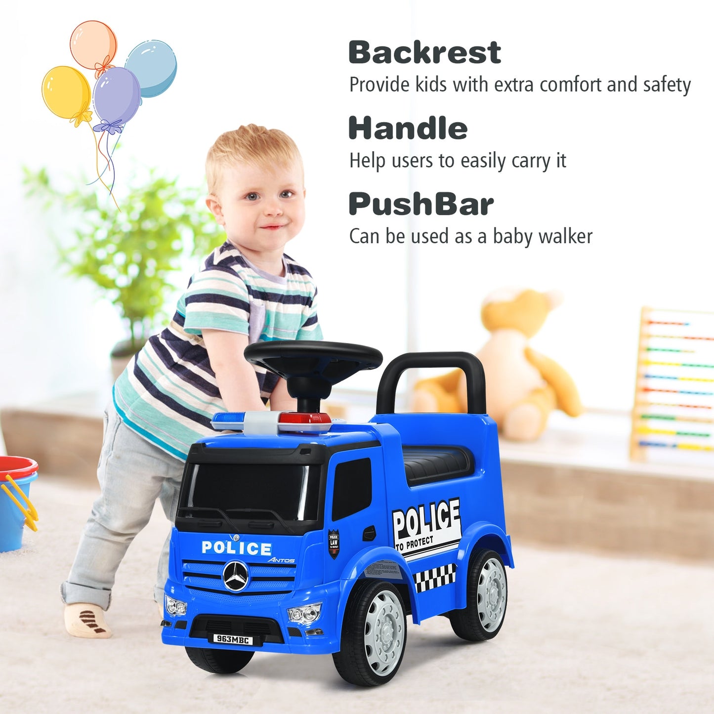 Mercedes Benz Kids Ride On Push Licensed Police Car-Blue Kids Crystal