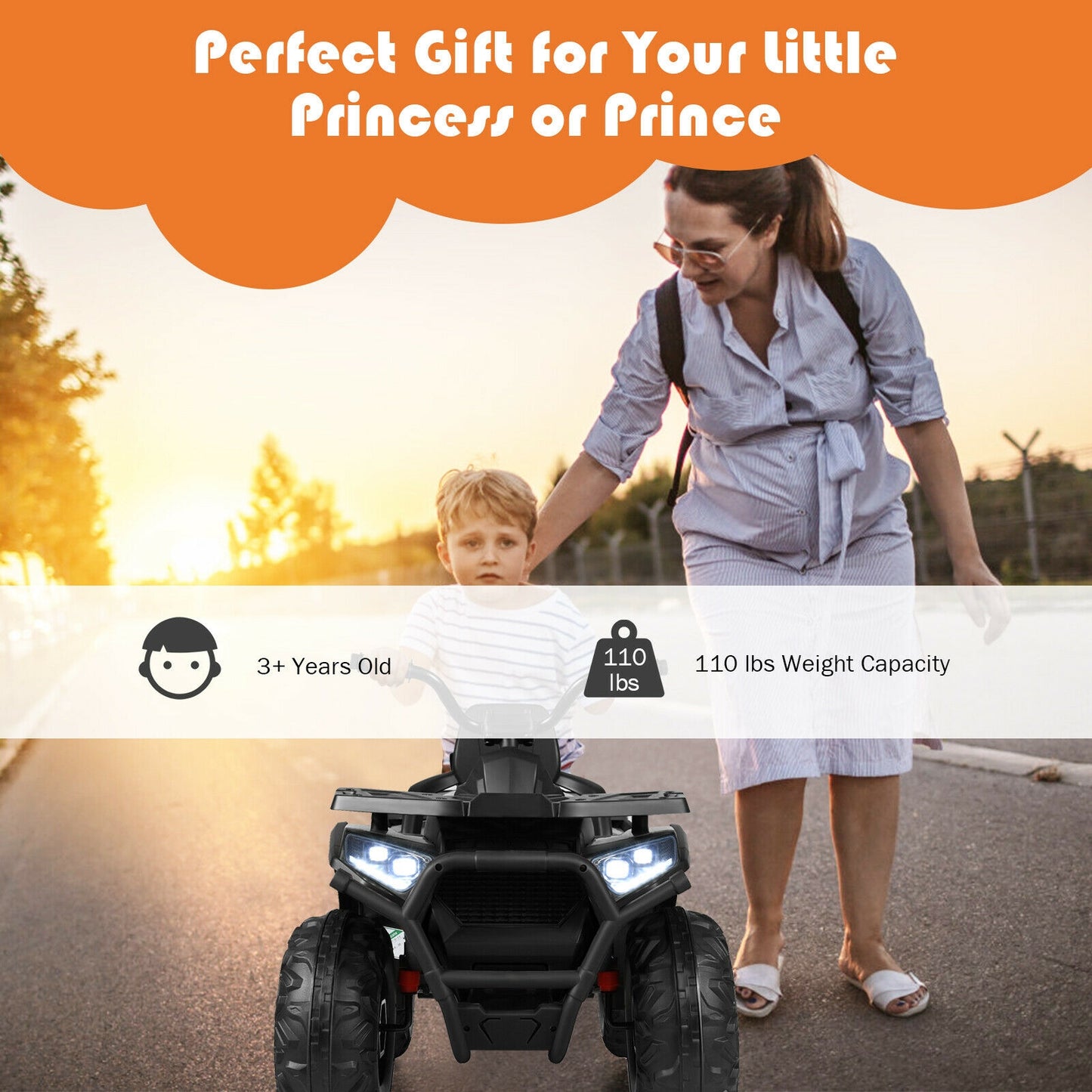 12 V Kids Electric 4-Wheeler ATV Quad with MP3 and LED Lights-Black Kids Crystal