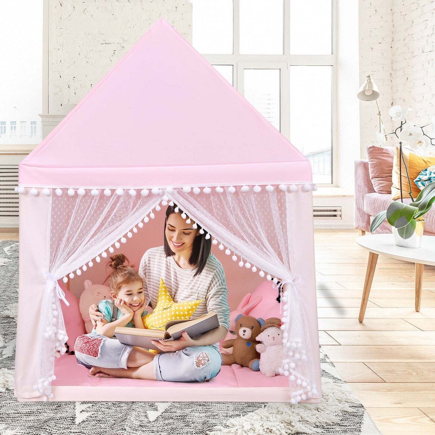 Kids Play Tent Large Playhouse Children Play Castle Fairy Tent Gift with Mat-Pink Kids Crystal