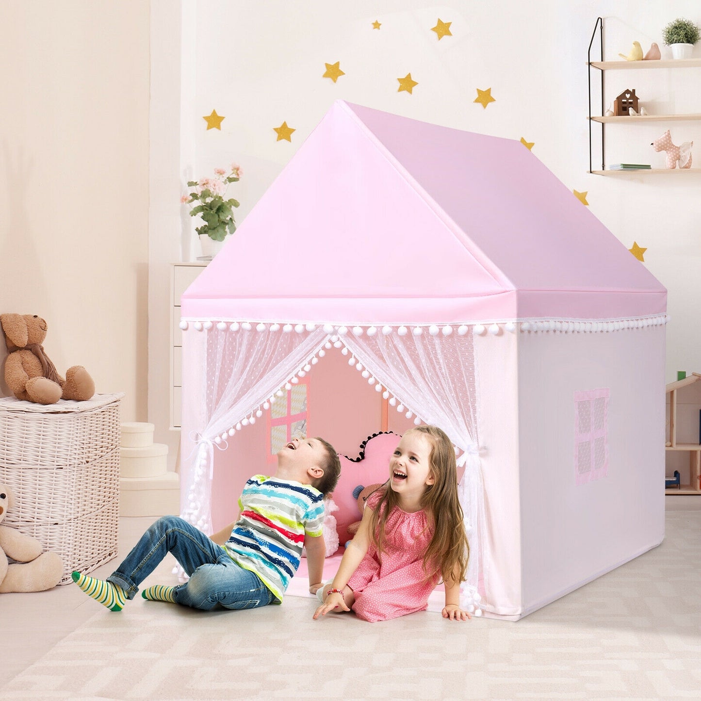 Kids Play Tent Large Playhouse Children Play Castle Fairy Tent Gift with Mat-Pink Kids Crystal