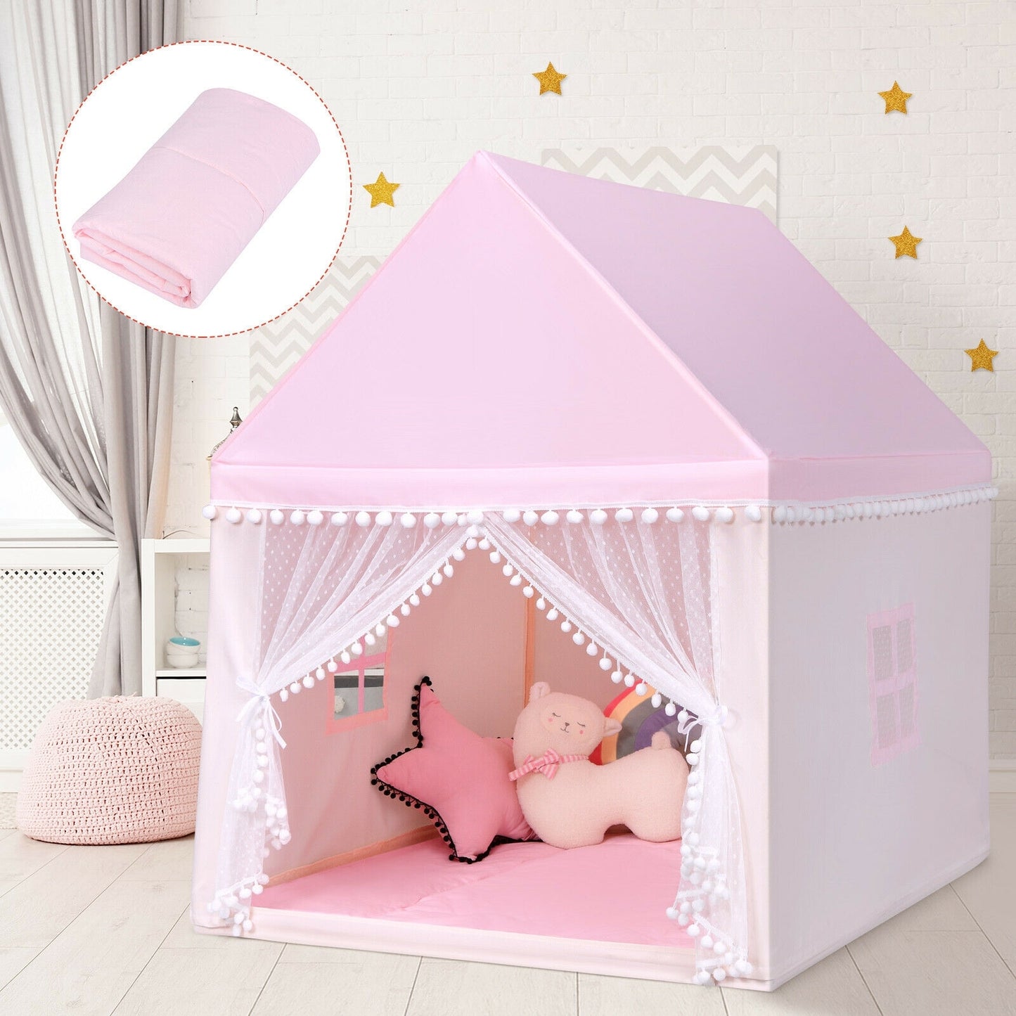 Kids Play Tent Large Playhouse Children Play Castle Fairy Tent Gift with Mat-Pink Kids Crystal