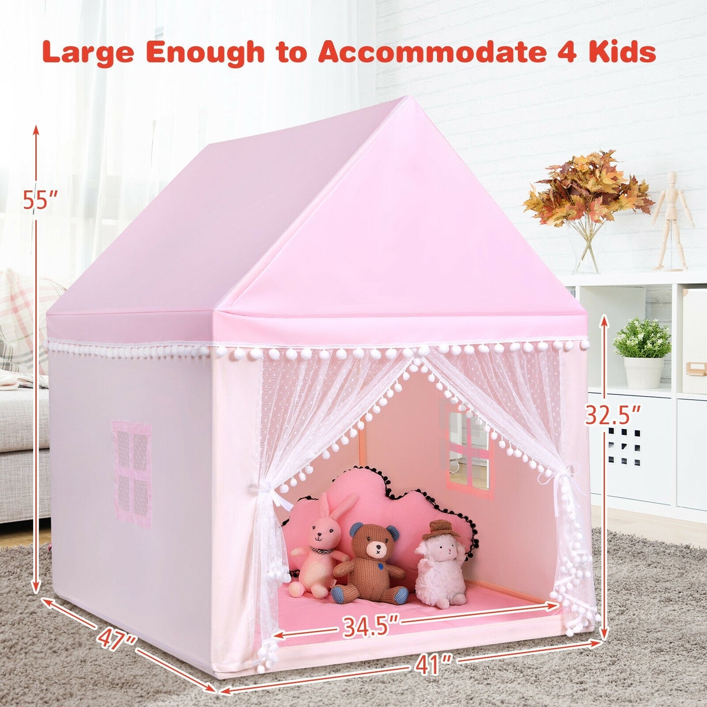 Kids Play Tent Large Playhouse Children Play Castle Fairy Tent Gift with Mat-Pink Kids Crystal