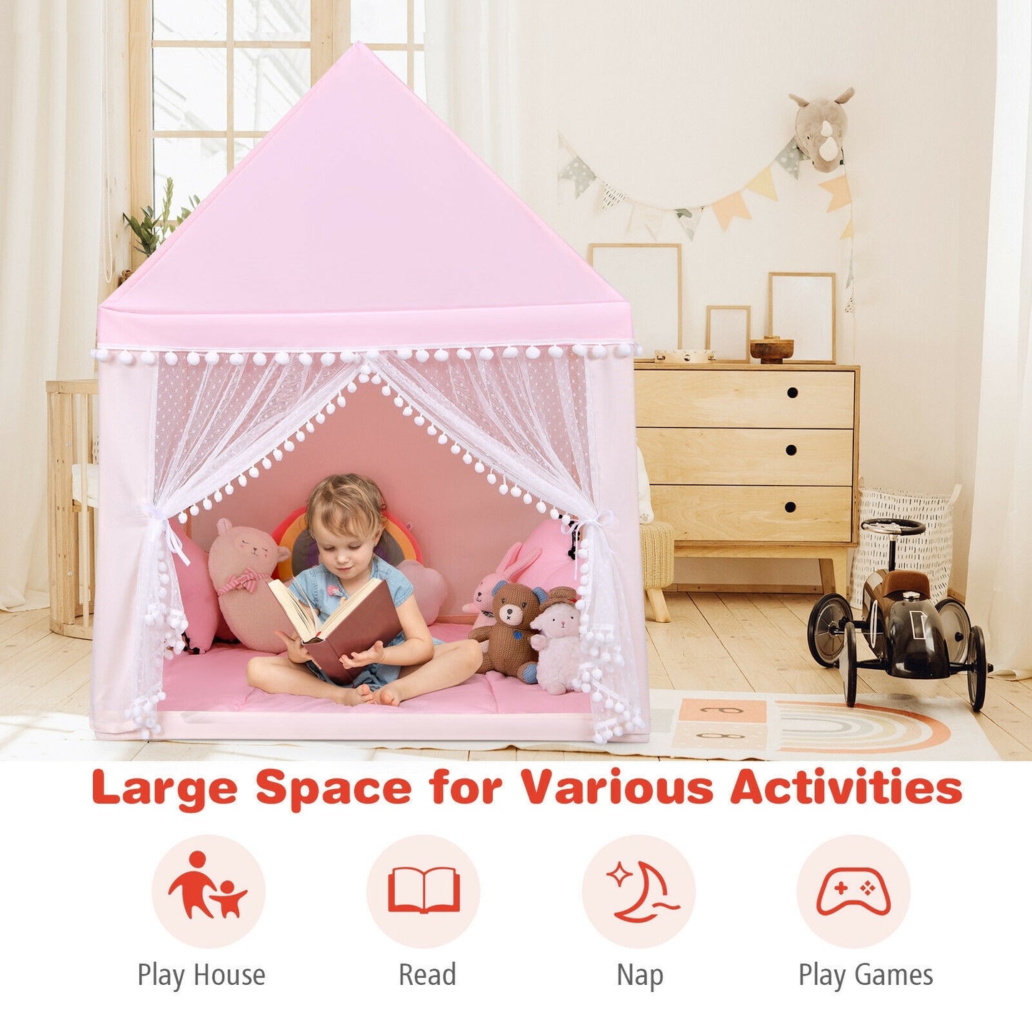 Kids Play Tent Large Playhouse Children Play Castle Fairy Tent Gift with Mat-Pink Kids Crystal