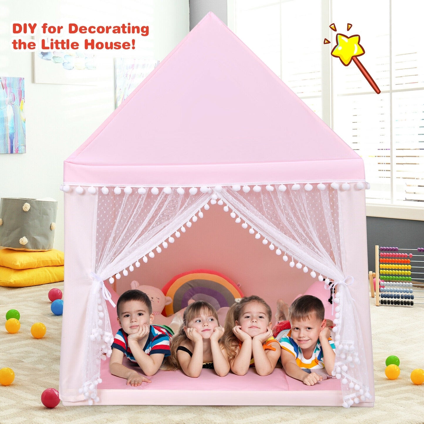 Kids Play Tent Large Playhouse Children Play Castle Fairy Tent Gift with Mat-Pink Kids Crystal
