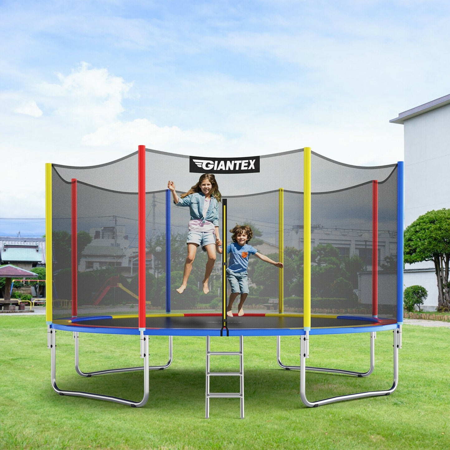 14 Feet Trampoline with Safety Enclosure Net and Ladder Outdoor for Kids Adults Kids Crystal