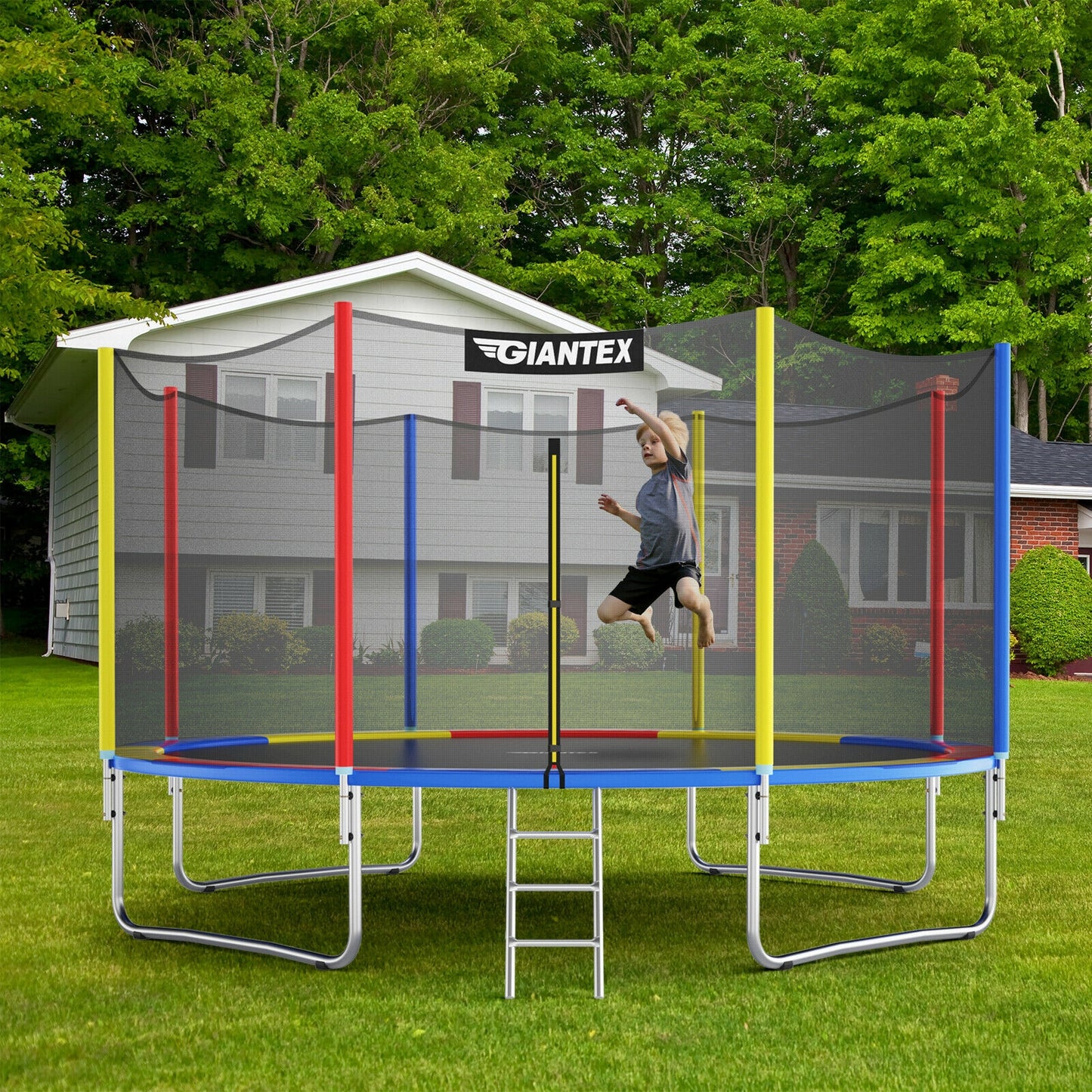 14 Feet Trampoline with Safety Enclosure Net and Ladder Outdoor for Kids Adults Kids Crystal