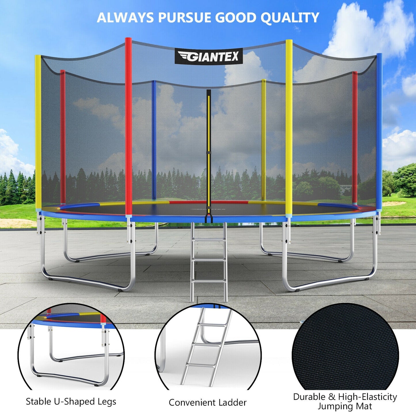 14 Feet Trampoline with Safety Enclosure Net and Ladder Outdoor for Kids Adults Kids Crystal