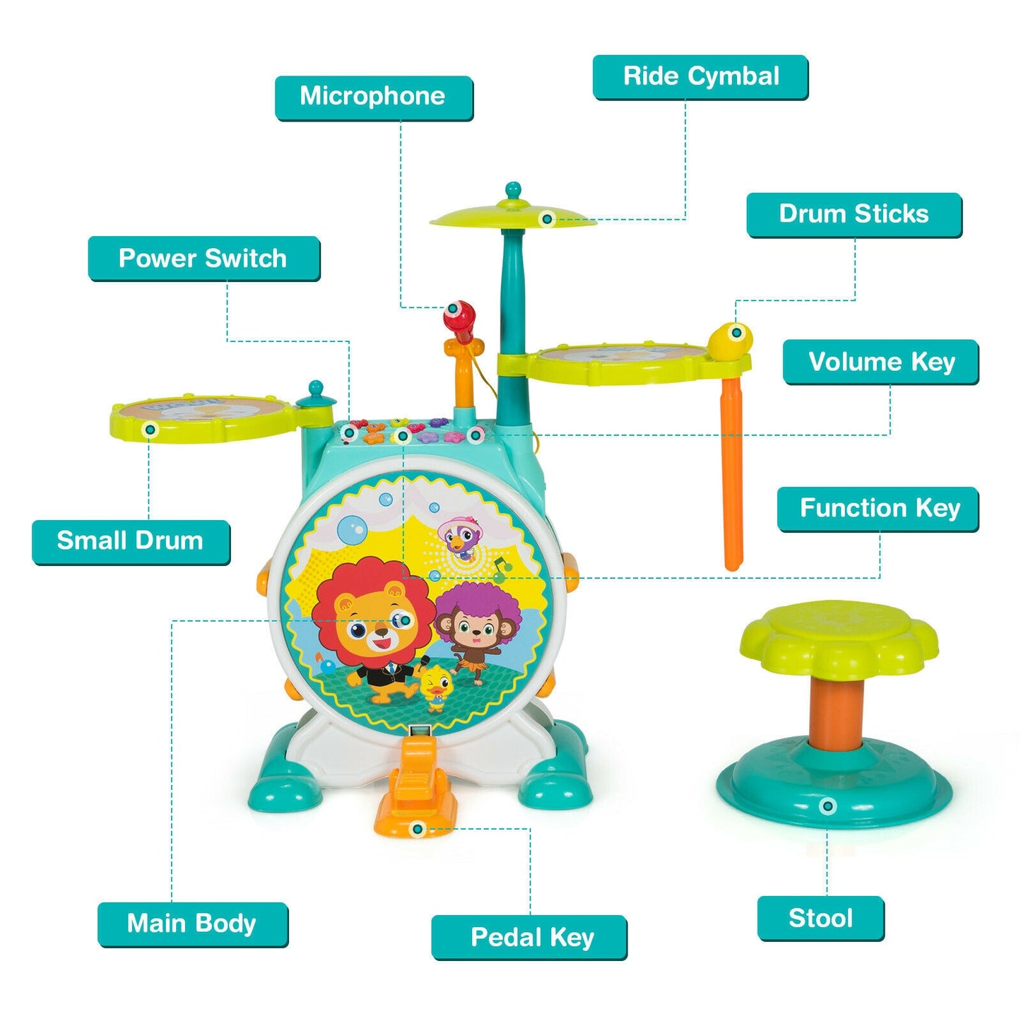 3 Pieces Electric Kids Drum Set with Microphone Stool Pedal Kids Crystal