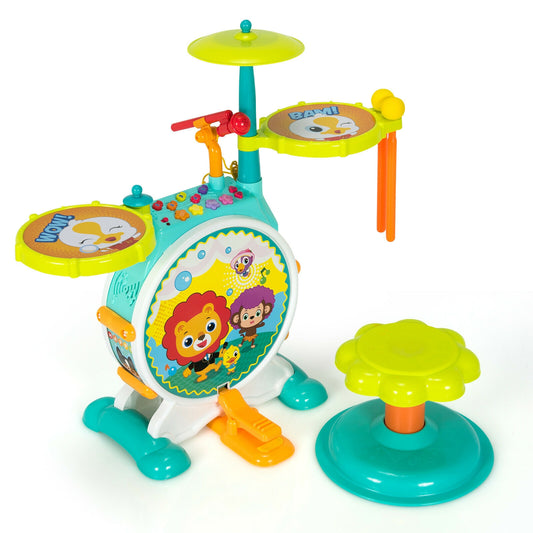 3 Pieces Electric Kids Drum Set with Microphone Stool Pedal Kids Crystal