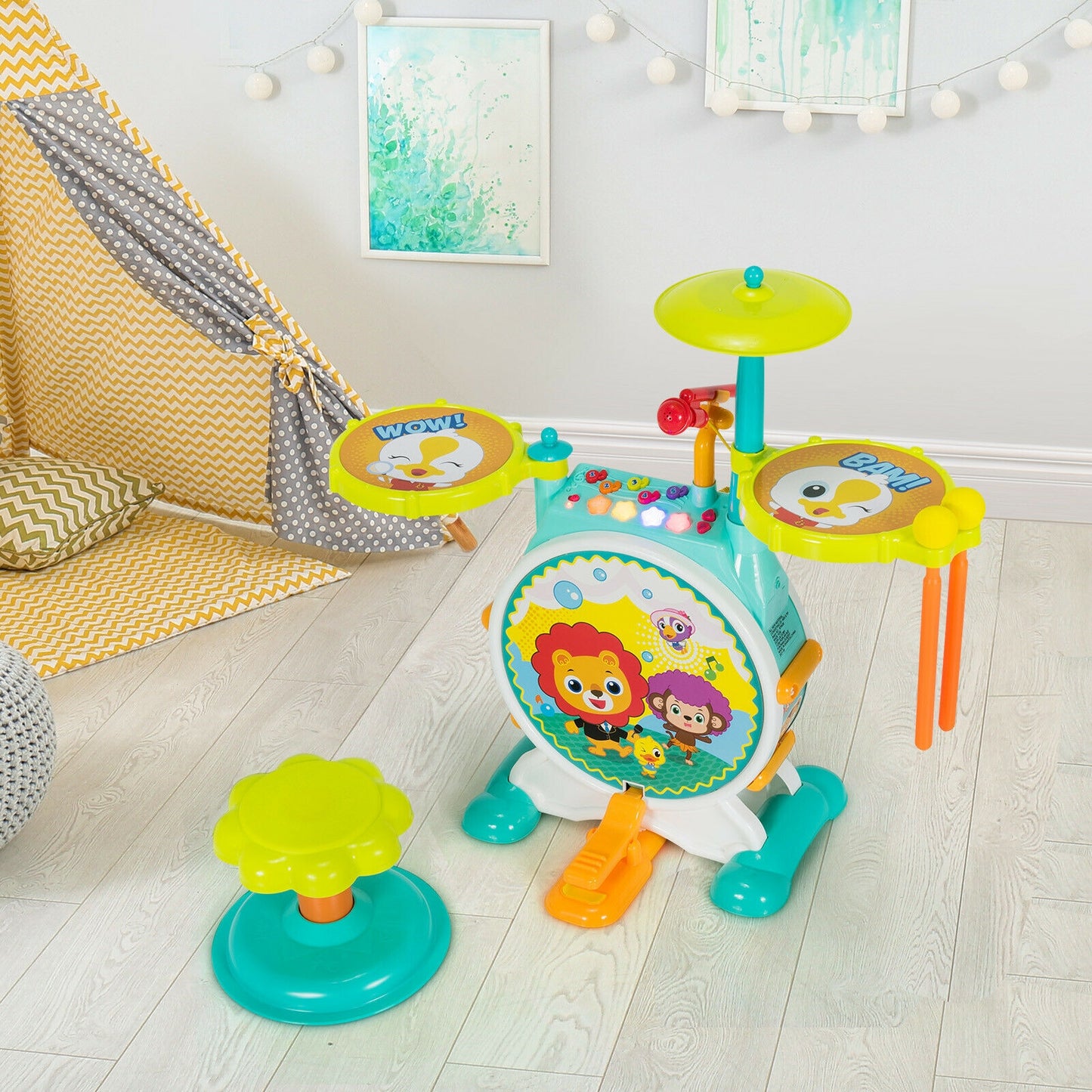 3 Pieces Electric Kids Drum Set with Microphone Stool Pedal Kids Crystal