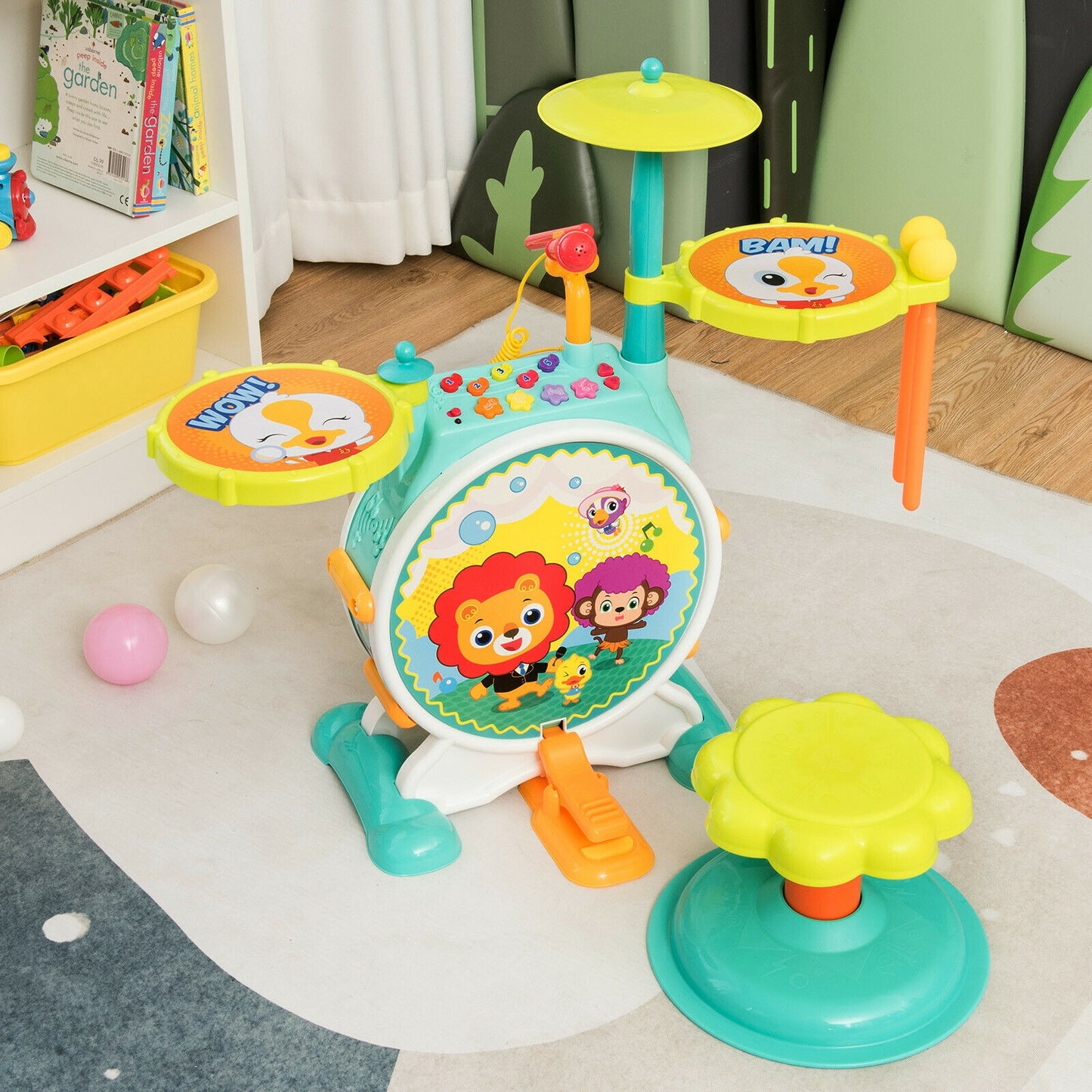3 Pieces Electric Kids Drum Set with Microphone Stool Pedal Kids Crystal