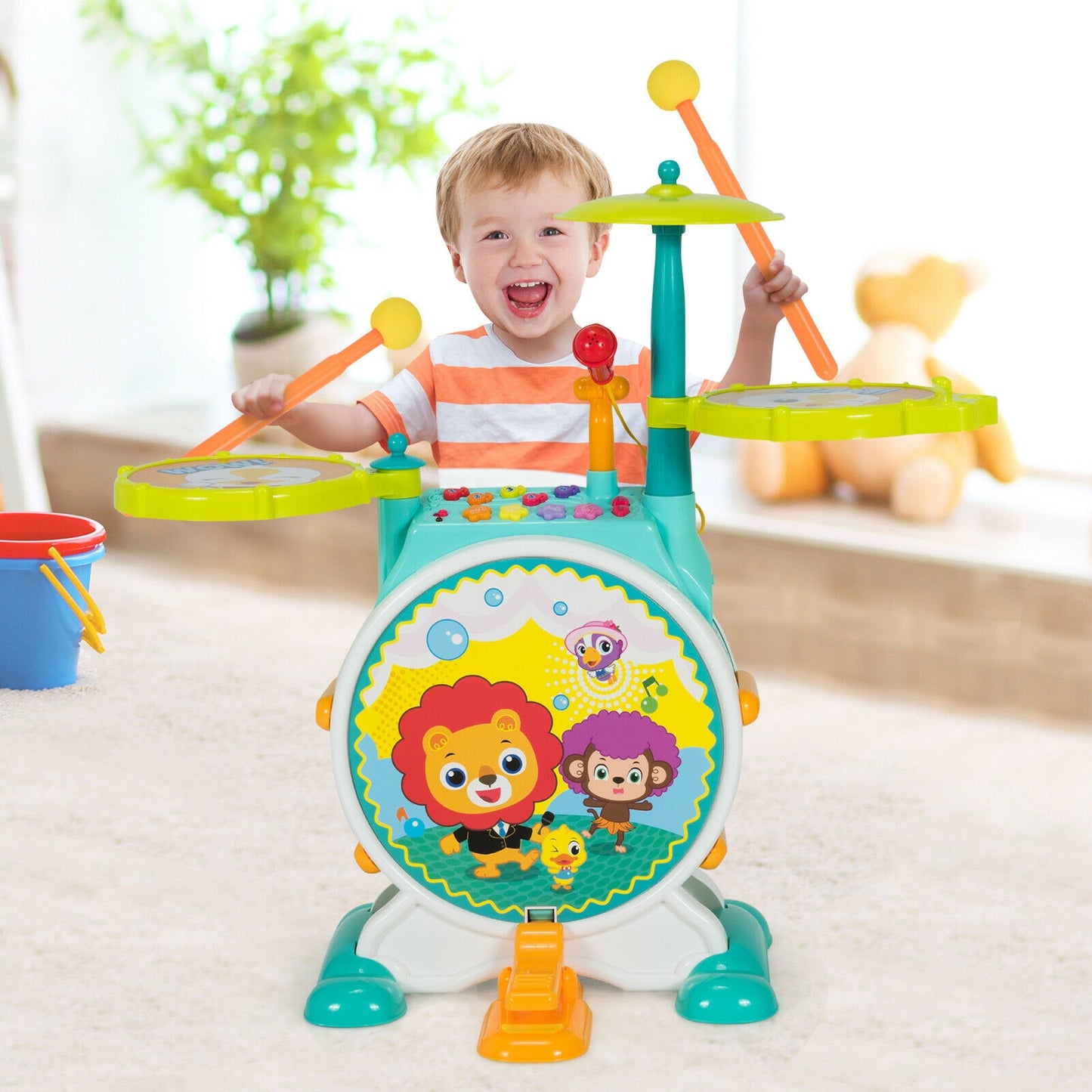 3 Pieces Electric Kids Drum Set with Microphone Stool Pedal Kids Crystal