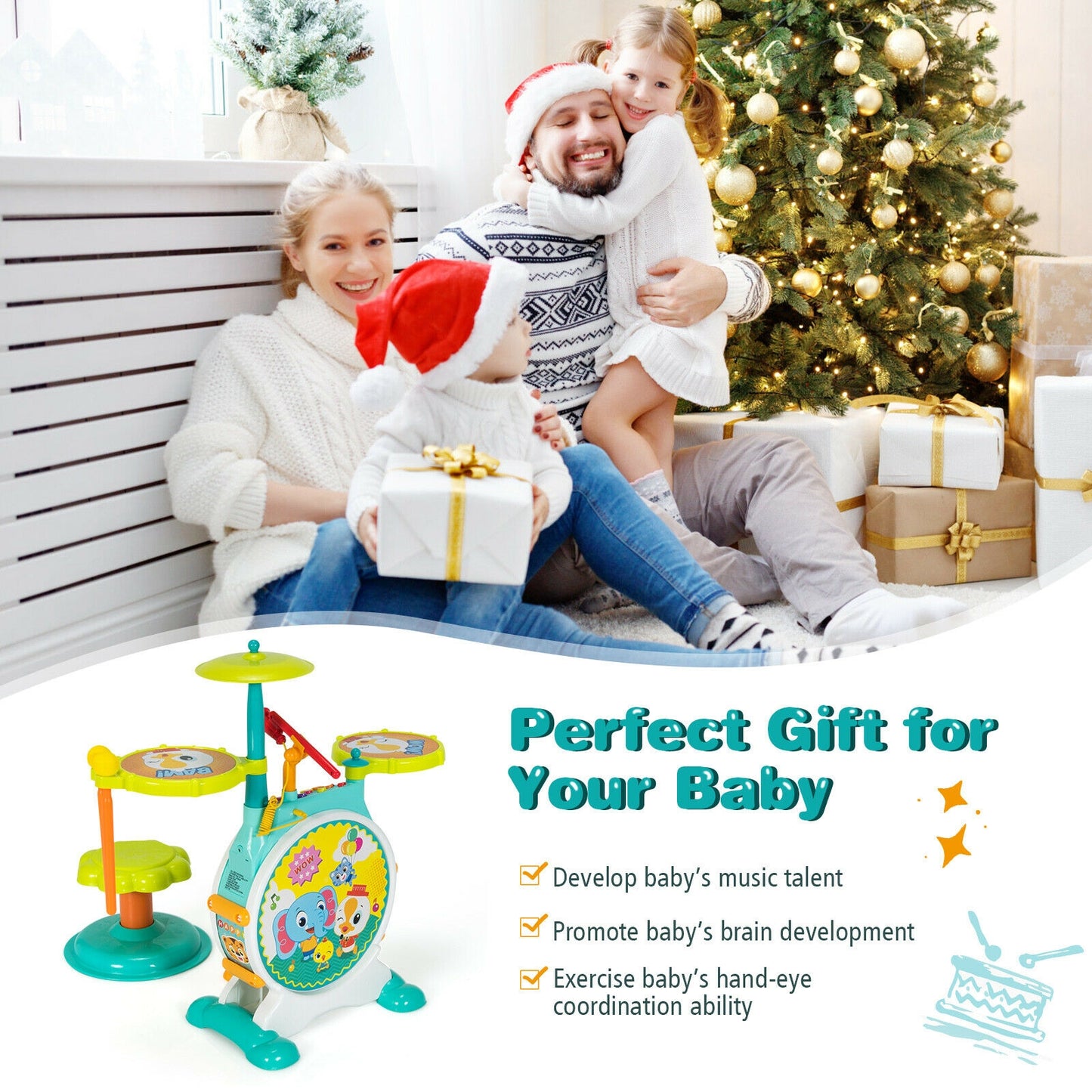 3 Pieces Electric Kids Drum Set with Microphone Stool Pedal Kids Crystal