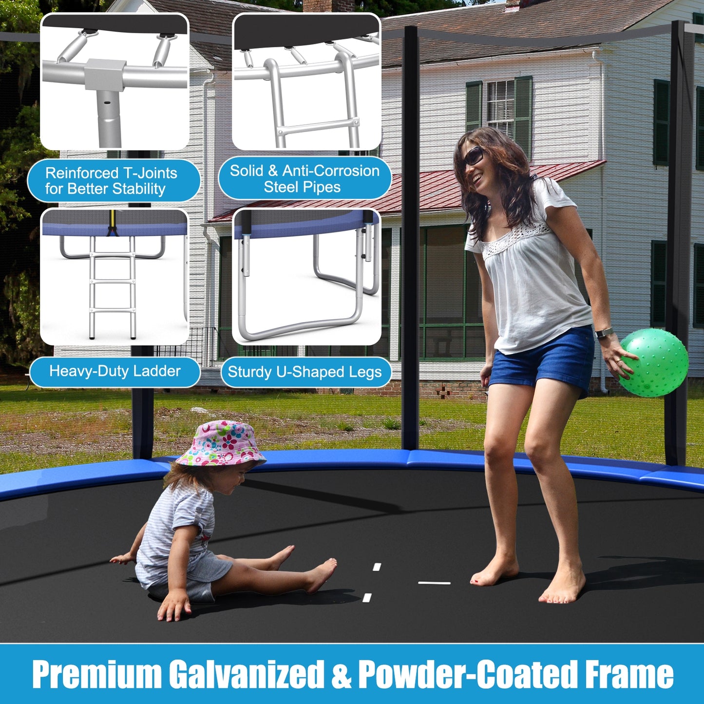 8/10/12/14/15/16Feet Outdoor Trampoline Bounce Combo with Safety Closure Net Ladder-15 ft Kids Crystal