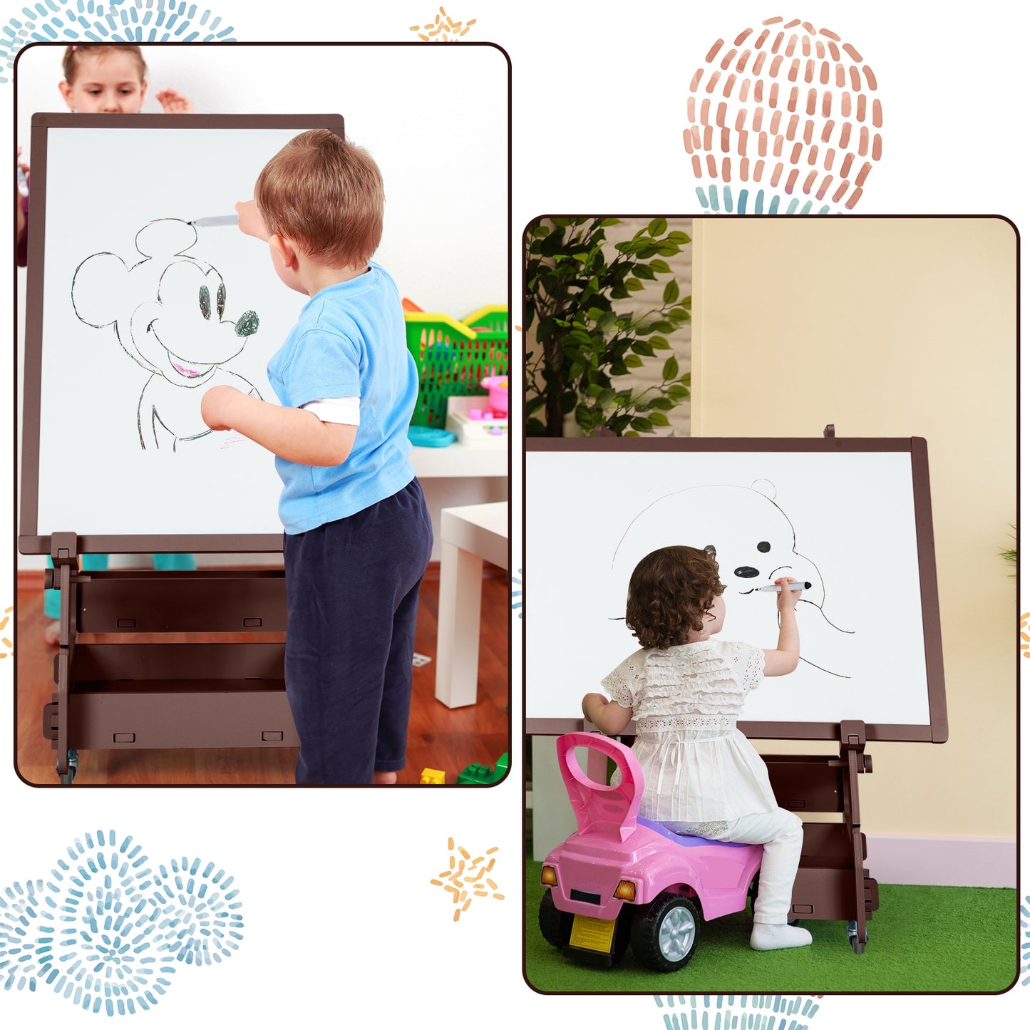 Multifunctional Kids' Standing Art Easel with Dry-Erase Board-Brown Kids Crystal