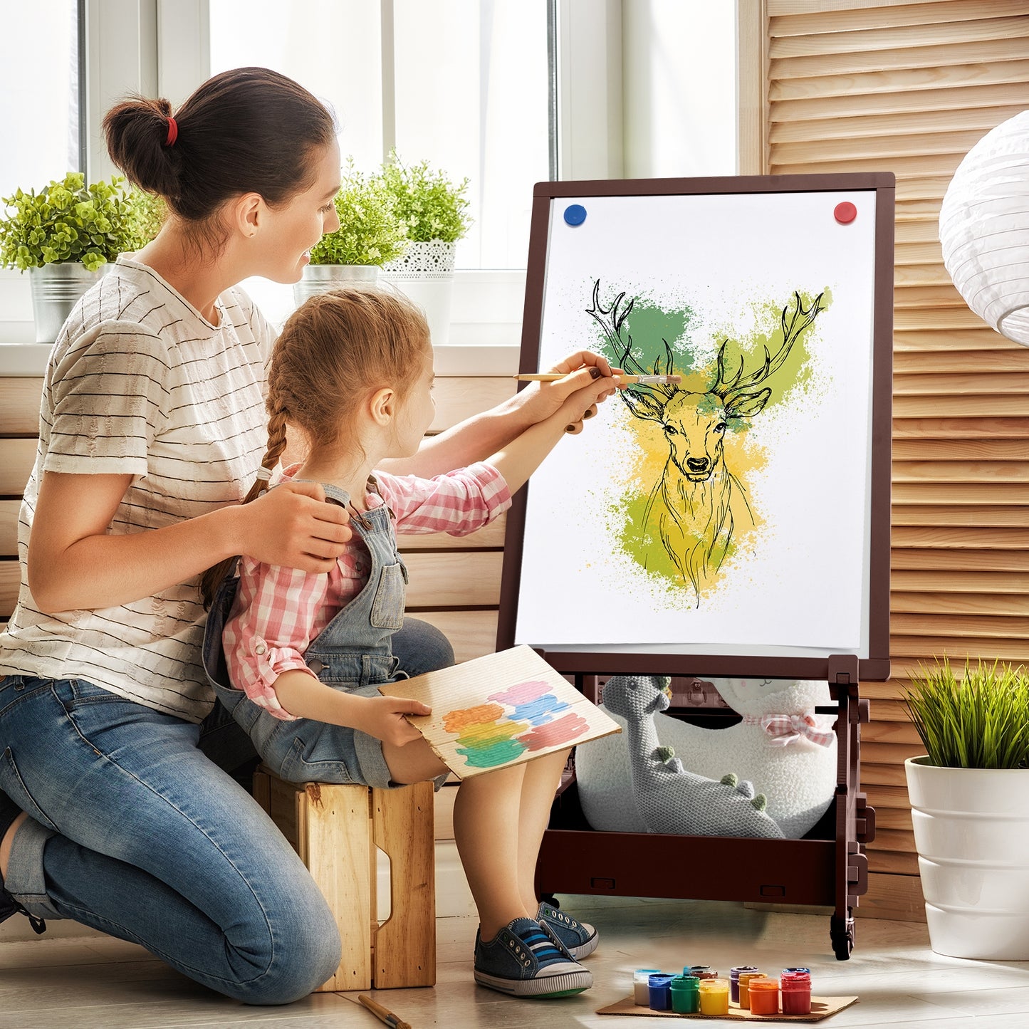 Multifunctional Kids' Standing Art Easel with Dry-Erase Board-Brown Kids Crystal