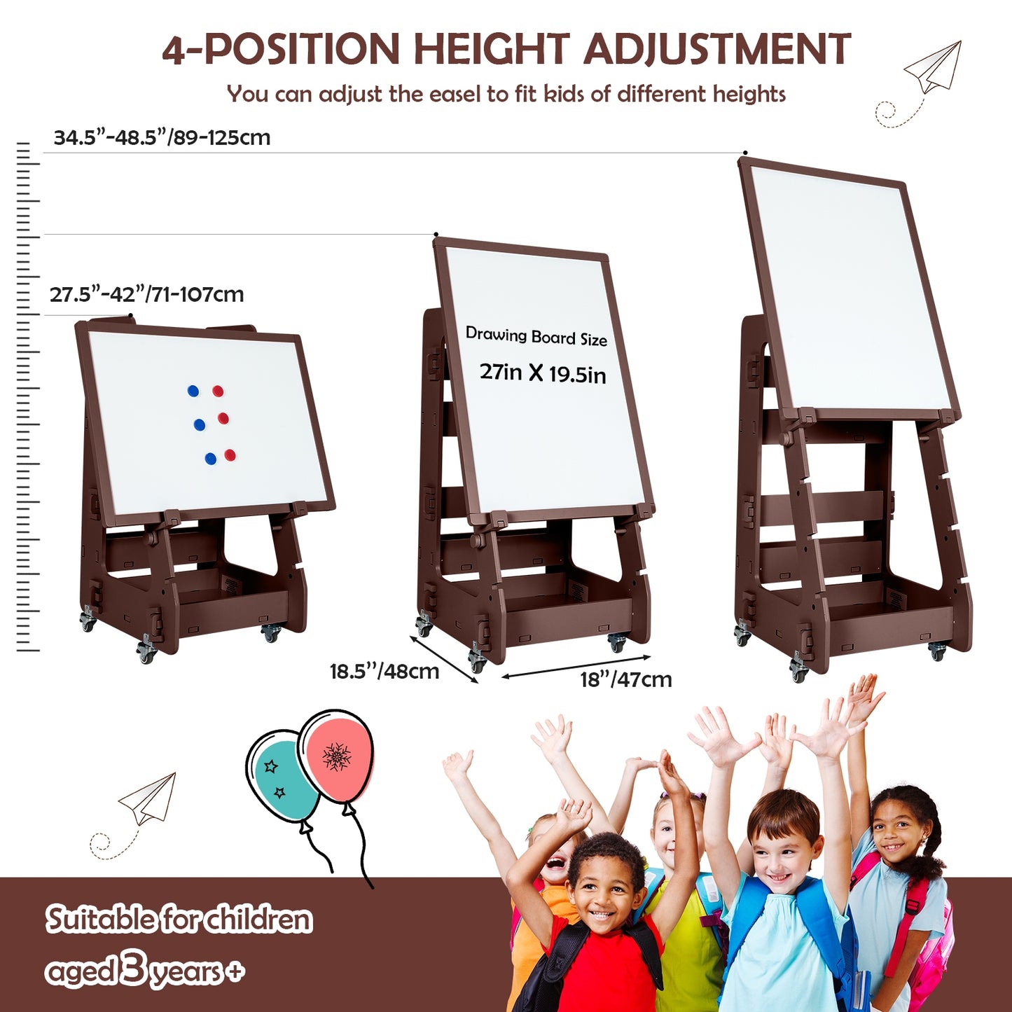 Multifunctional Kids' Standing Art Easel with Dry-Erase Board-Brown Kids Crystal