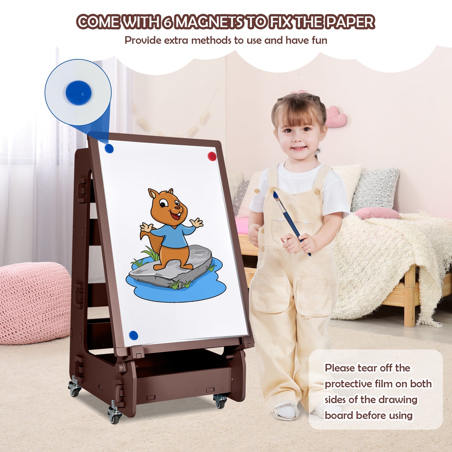 Multifunctional Kids' Standing Art Easel with Dry-Erase Board-Brown Kids Crystal