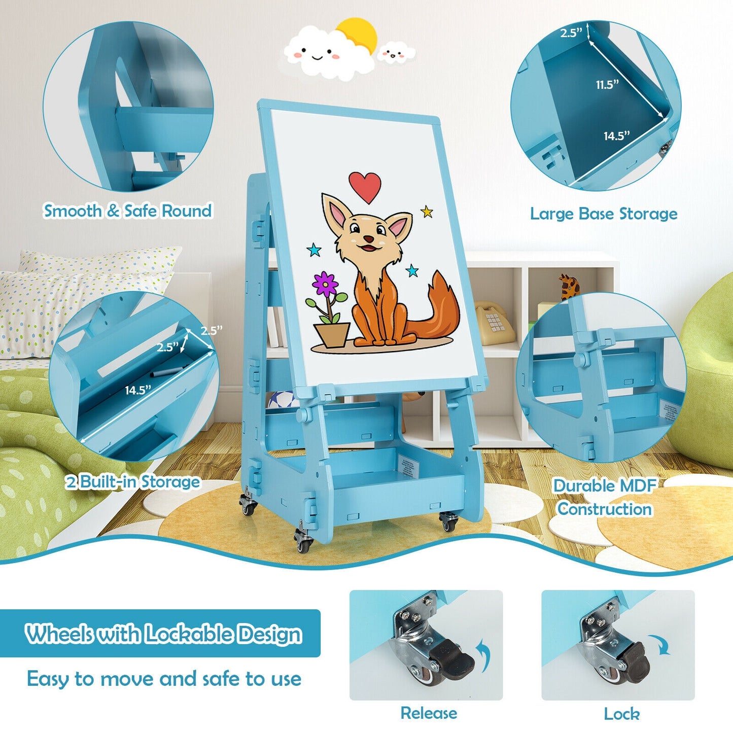 Multifunctional Kids' Standing Art Easel with Dry-Erase Board-Blue Kids Crystal