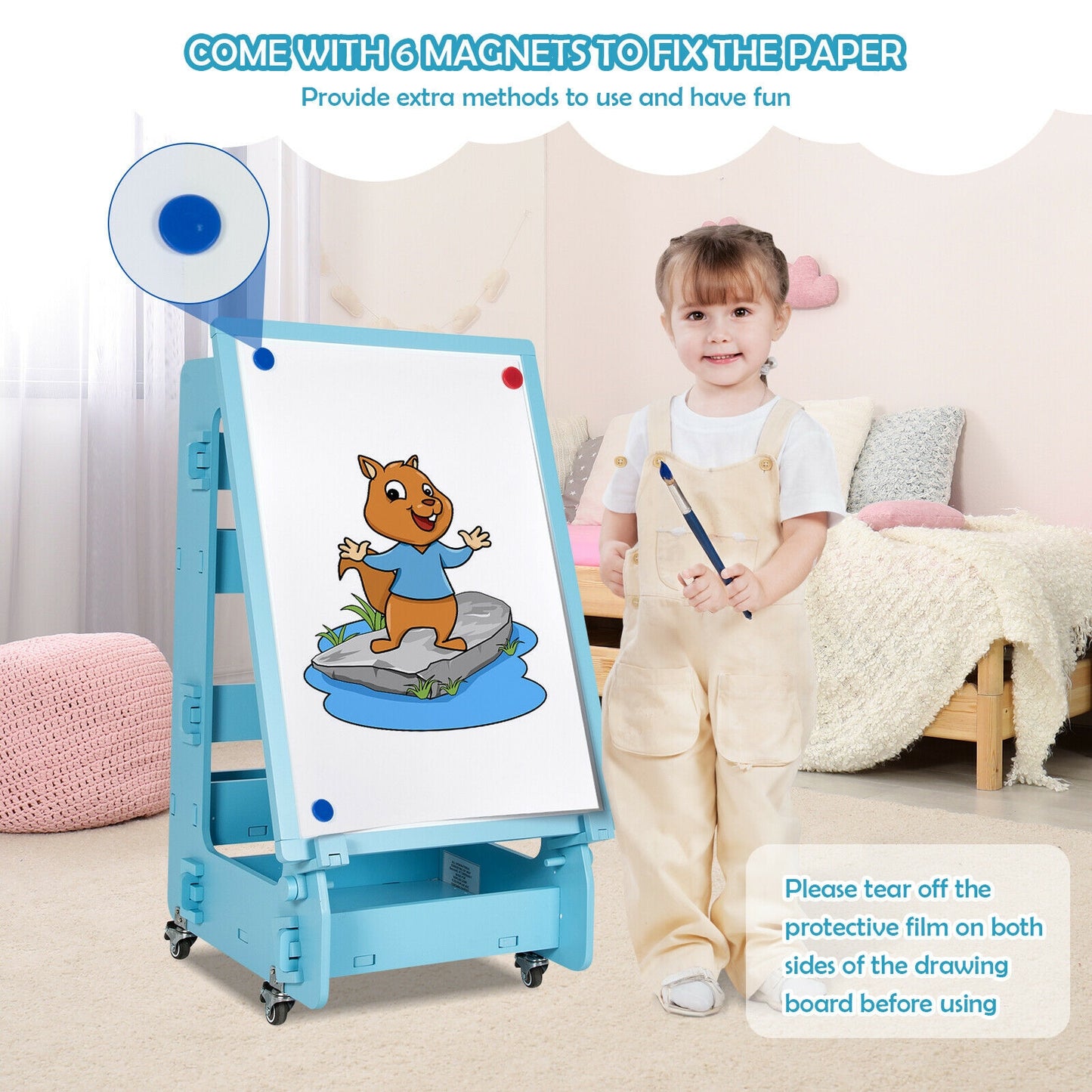Multifunctional Kids' Standing Art Easel with Dry-Erase Board-Blue Kids Crystal