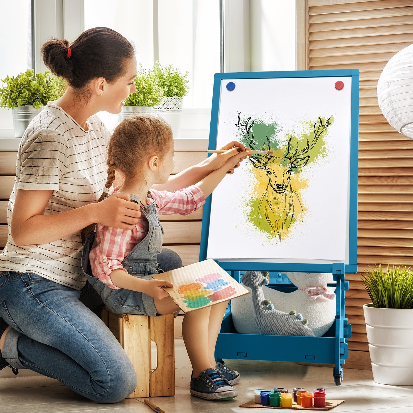 Multifunctional Kids' Standing Art Easel with Dry-Erase Board-Navy Kids Crystal