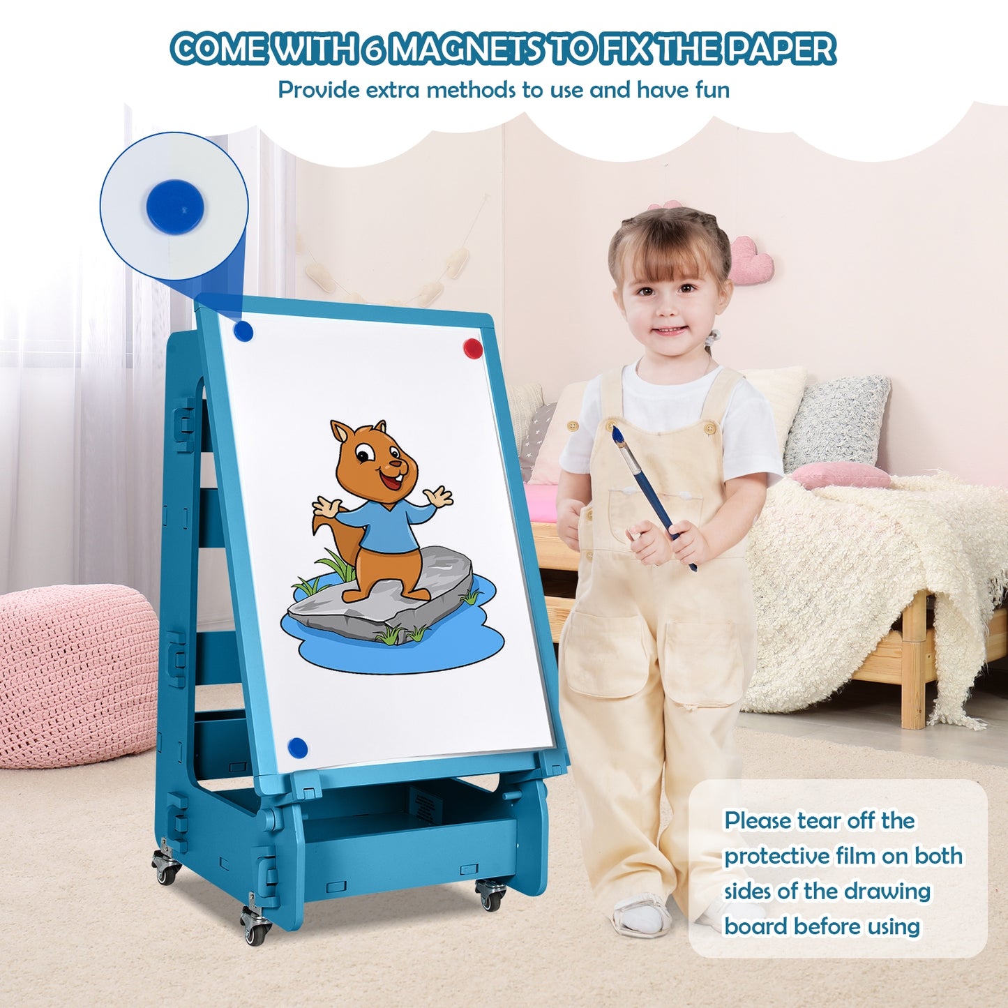Multifunctional Kids' Standing Art Easel with Dry-Erase Board-Navy Kids Crystal